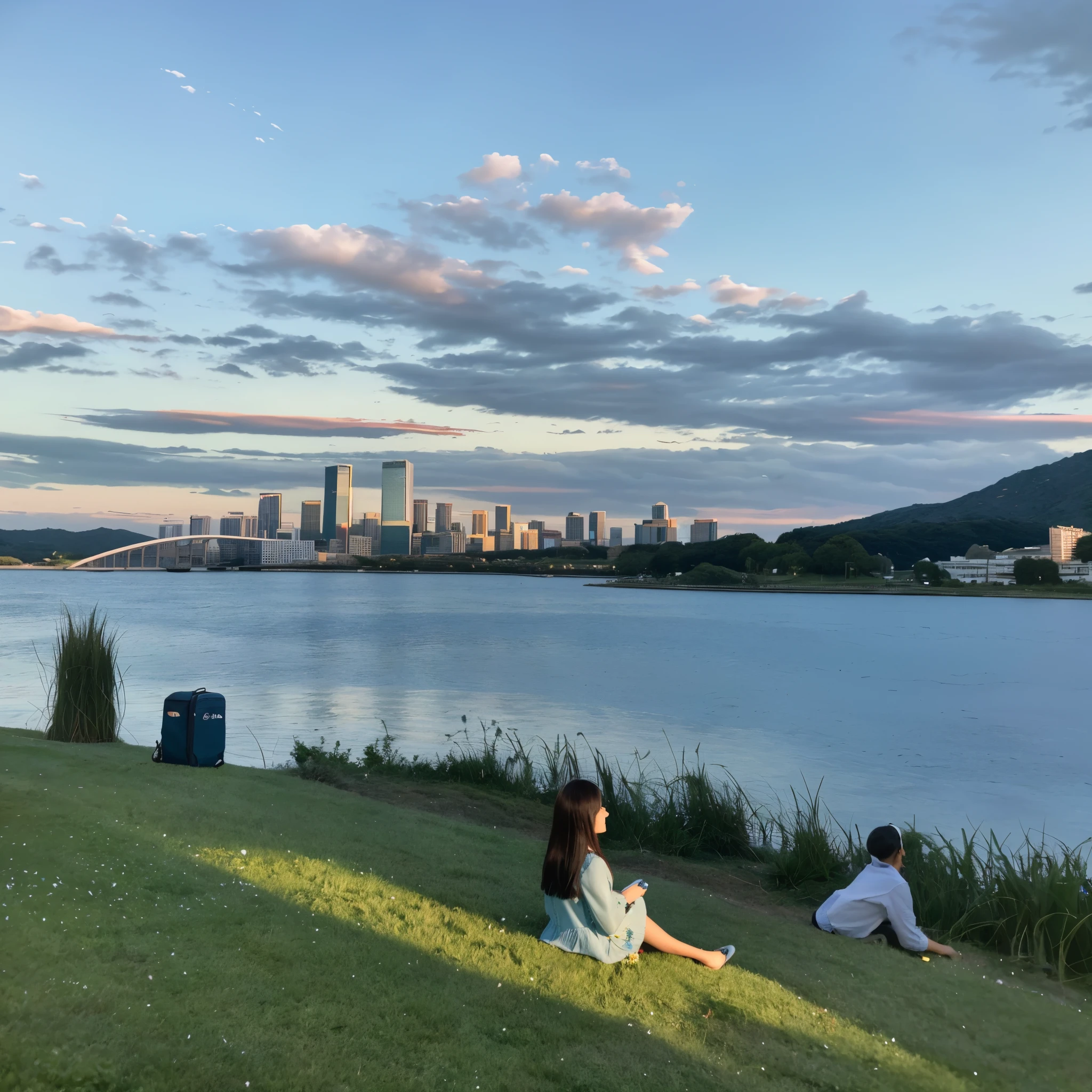 People sit on the grass near water and city, people resting on the grass, Summer environment, grass field surrounding the city, grassy hill, late summer evening, Primetime shooting, author:Susy Pilgrim Waters, Summer evening, prime time, abcdefghijklmnopqrstuvwxyz, prime time, shiny city in the distance