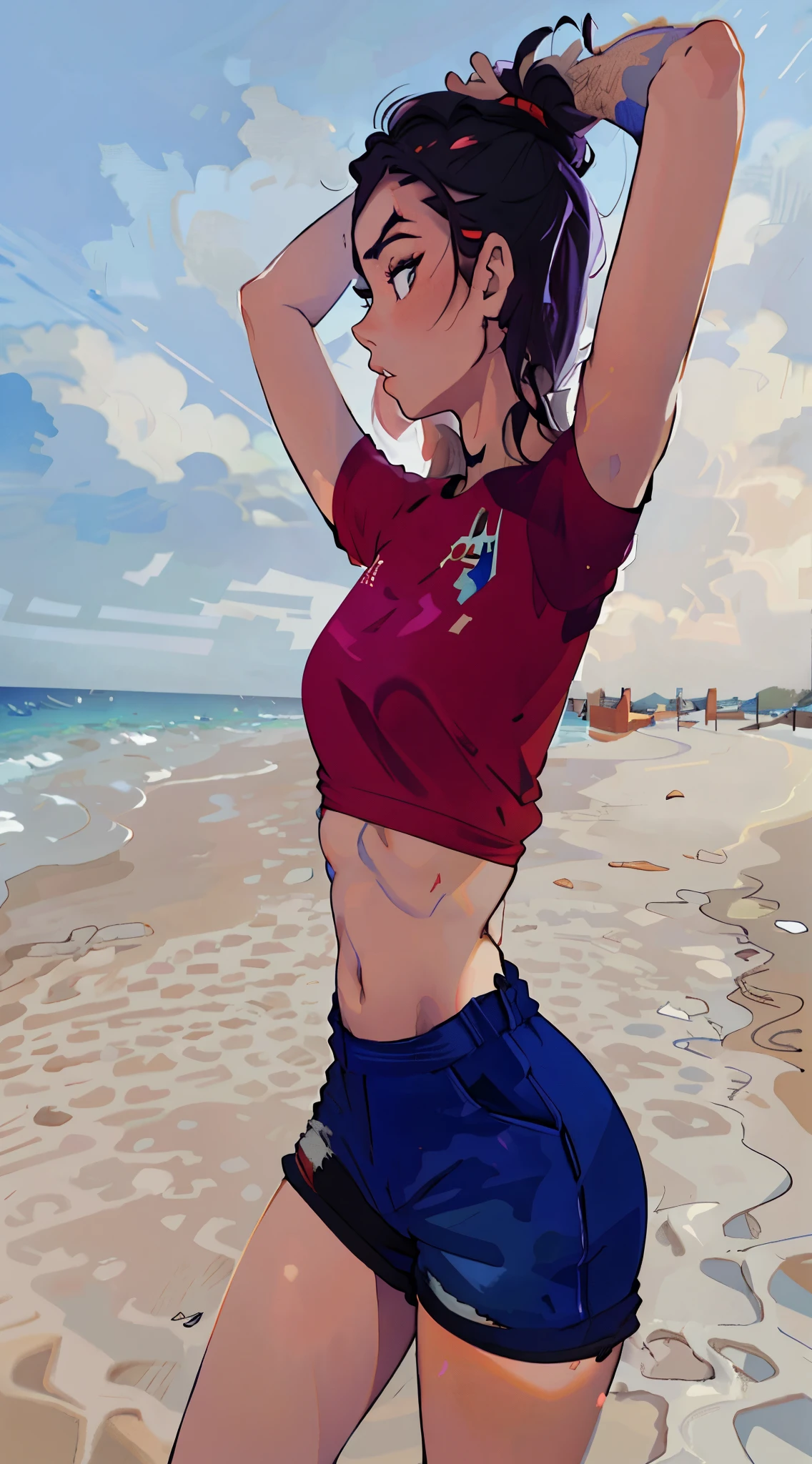 une femme dans une chemise rouge et un short bleu sur une plage, fille sexy portant un short, skinny waist and thick hips, en short, Instagram template, 18 ans, porter un short rouge, dressed in a top and shorts, bonnes hanches et longues jambes, tight attire, Julia Fuentes, casual, The extremely hot and sexy, sportif, demi rose, pose attrayante