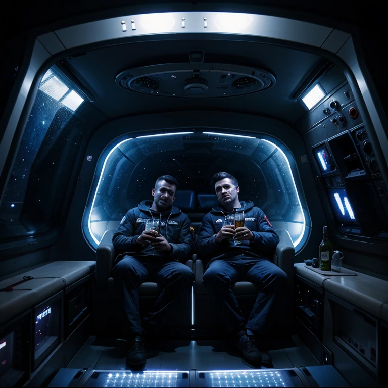 2 guys chilling inside space ship in space drinking liquor