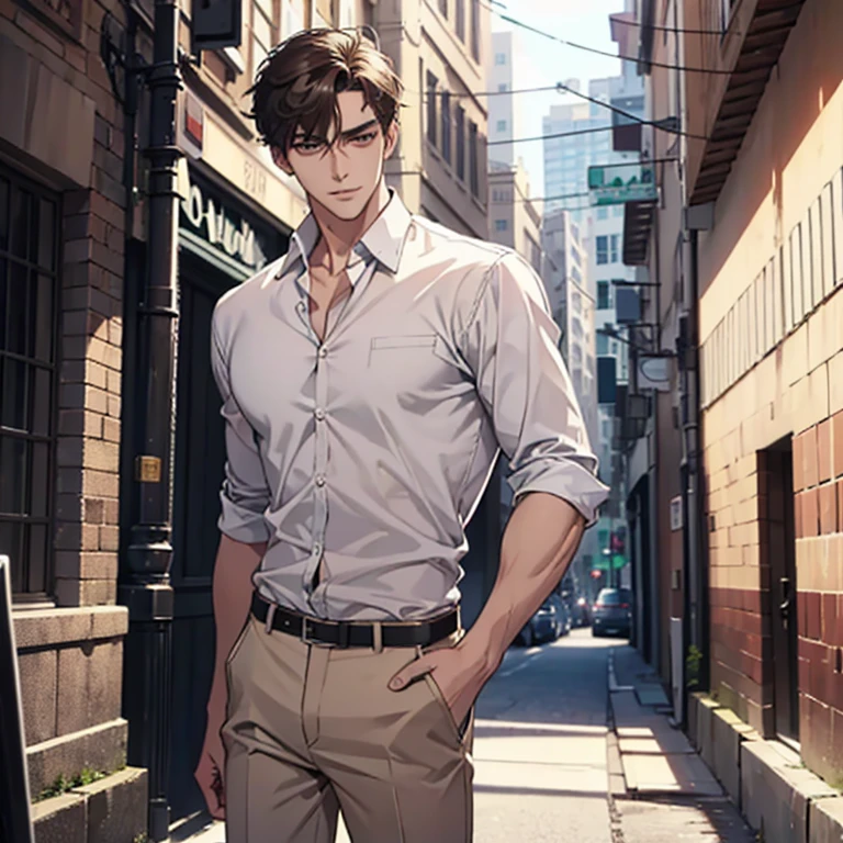 masterpiece, best quality,1man,short hair,high,tall, handsome,Wear a white shirt,trousers,