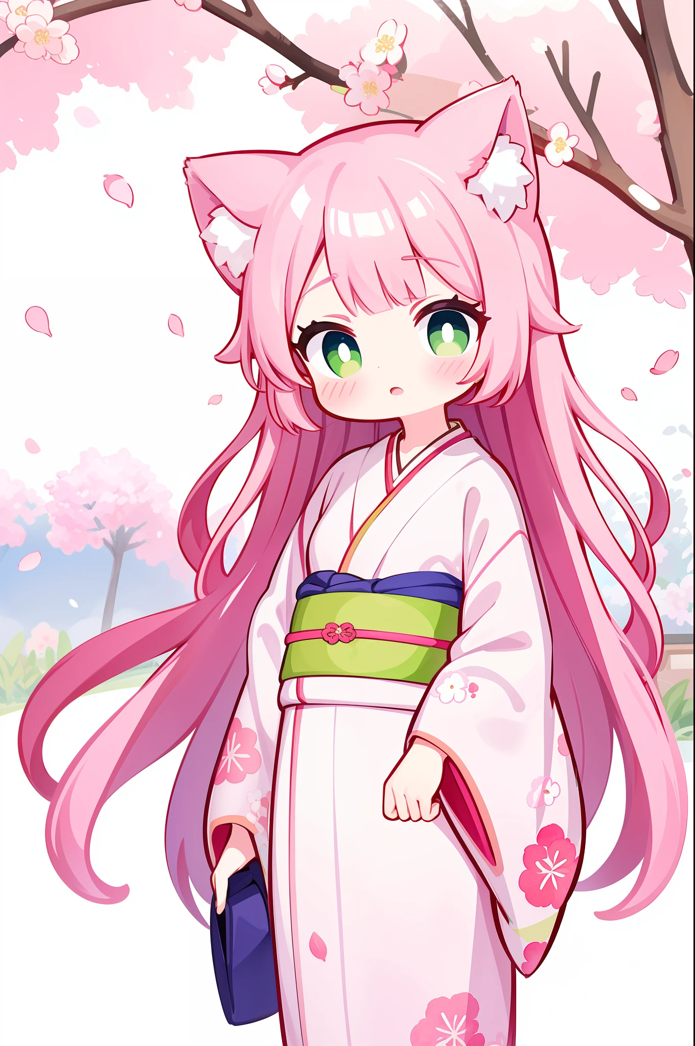 1girl, solo, standing, watercolor style, cherry blossom tree, cat ears, long flowing hair, serene expression, floral hairpin, pastel pink hair, green eyes, traditional kimono in shades of pink with floral patterns, blossoms falling around, peaceful atmosphere.