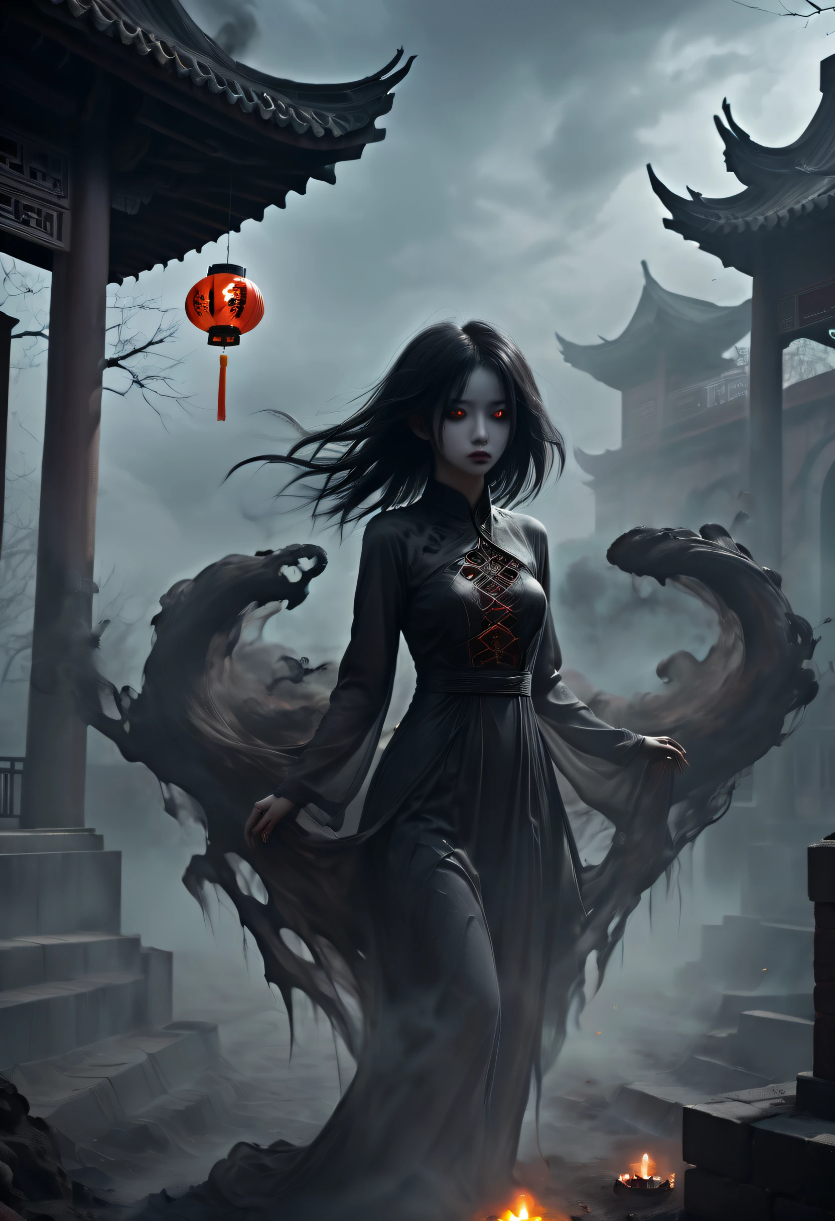 White Spirit_darkly,A girl made up of black smoke,1个Giant Breast Girl,realisticlying,actual,photography of,tmasterpiece,Best quality at best,ultra - detailed,1个Giant Breast Girl,full bodyesbian,Chinese architecture,burial site,Haunted house Chinese architecture,burial site,a haunted house,chinese lanterns,terror,Dark theme,monster boy,monstergirl,System,silver sword,Sinophobia,terror,(The subject),the night,Have on the street,