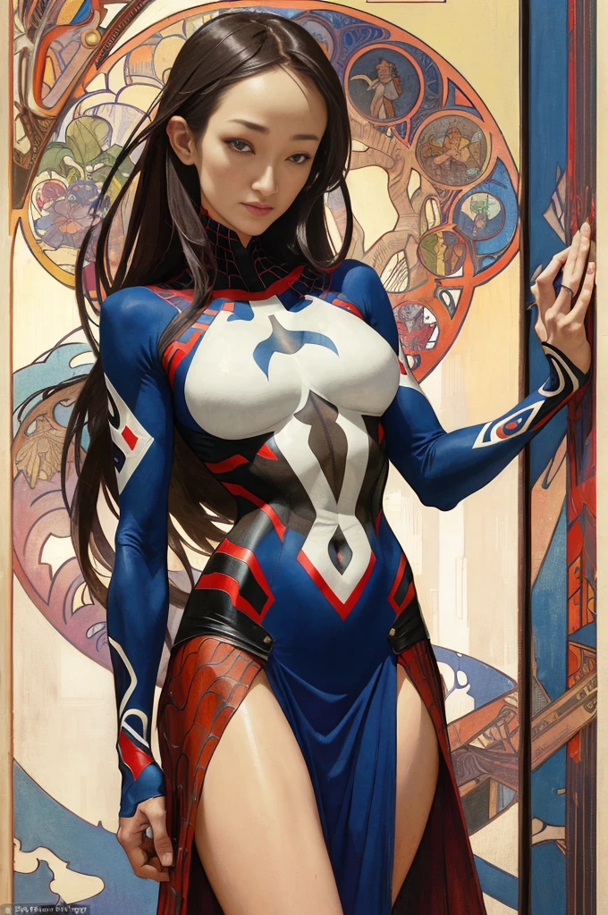 Maggie Q、Sticking out the navel、newyork、She wears a torn Spider-Man suit,wearing skirt、abstract photorealistic、artistic、Alphonse Mucha's painting(masterpiece、top-quality、hight resolution:1.4)、detaileds、intricate-detail、4K、color splashes、line-drawing、Fibonacci、