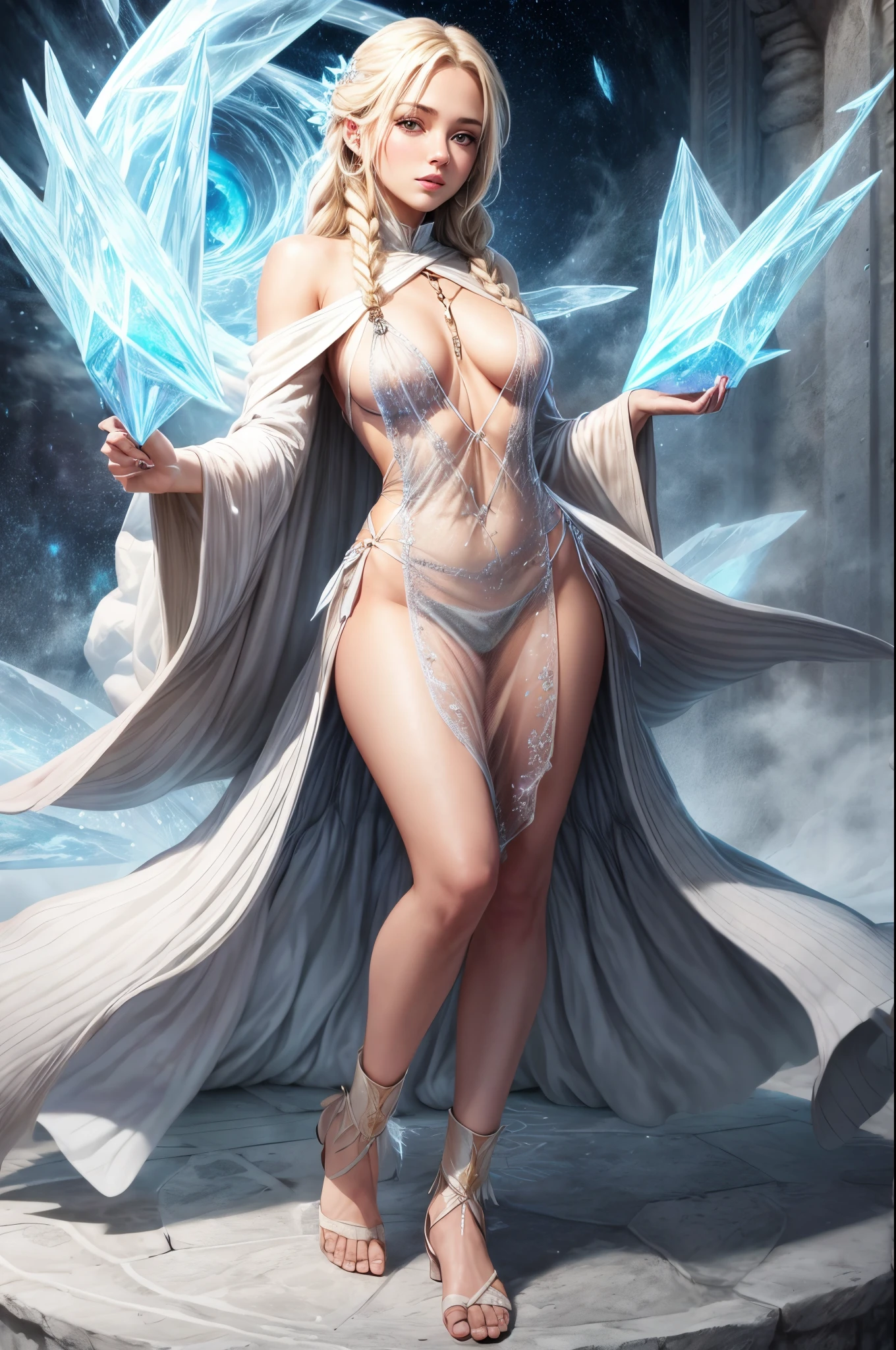 1girl, sorceress, full body shot, see-through robe, blonde braided hair, ice mage, ice crystals