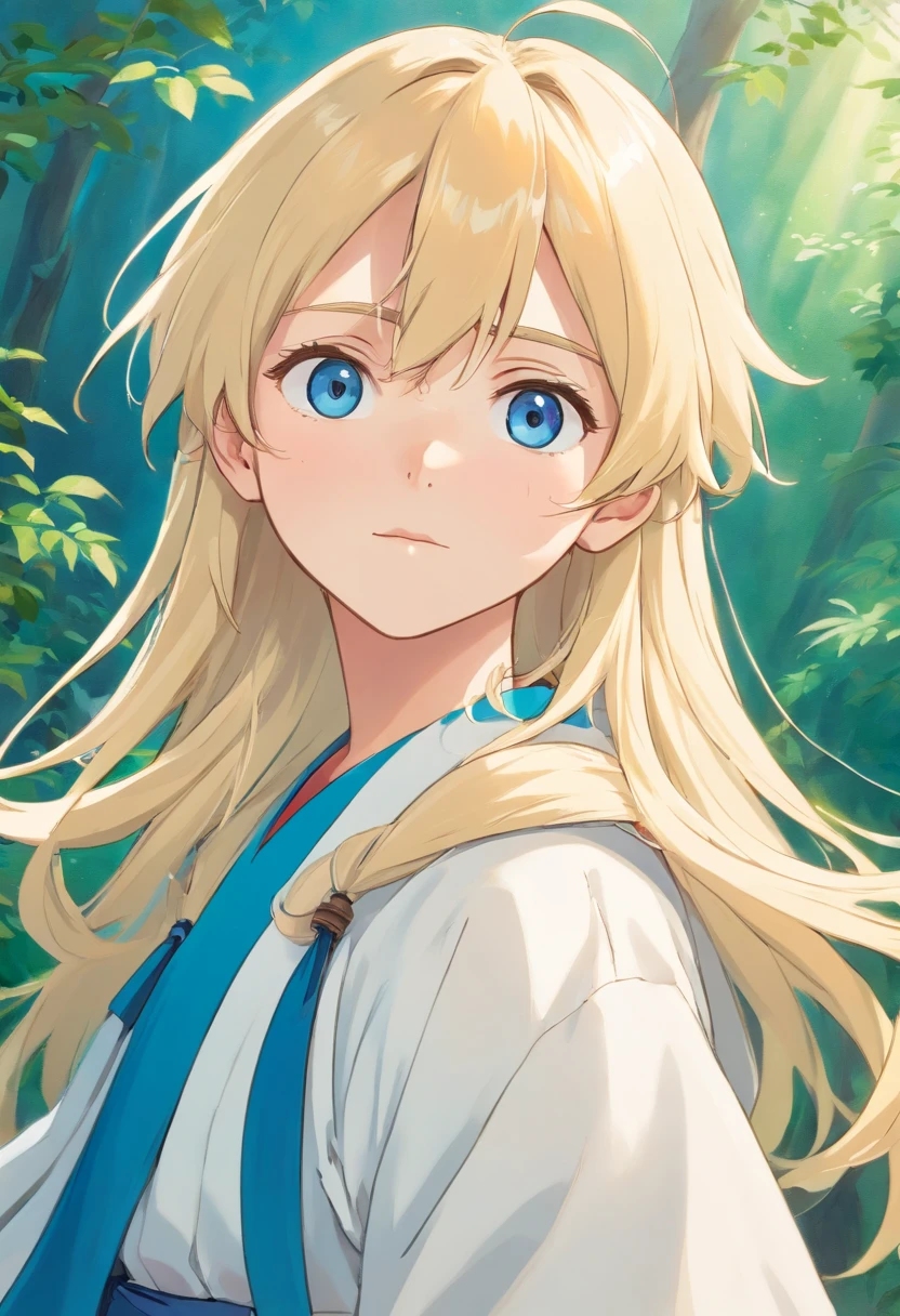 Beautiful blonde boy,quadratic element,japanese manga,White-colored skin,Handsome and handsome,Long blonde hair,blue colored eyes,Good facial features