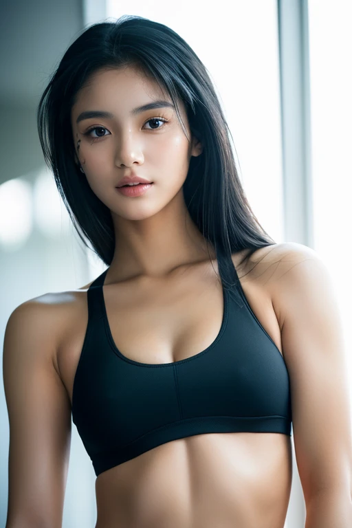 Masterpiece, (((portrait))), ((1 girl solo)), (one beautiful (japanese: 0.5)-(chilean: 0.5) girl (looking at camera)), 20 years old, breathtaking beauty, natural beauty, perfect face, sexy, model, beautiful brown eyes, detailed eyes, soft lips, (long raven-black hair: 1.5), (tall figure:1.5), (athletic body), wearing a sexy (red sports bra), ((small breasts: 0.5)), cleavage, ((small and beautiful hard nipple)), pearl skin, (skin pores:1.2), extremely detailed face and skin texture, (skin texture:1.1), beautiful long legs, standing pose, extremely detailed and realistic clothes, sharp focus, cinematic lighting, 8k uhd, best quality, ultra high res, Prefessional Photography, RAW photo, (depth of field), dynamic composition, rich colors, lifelike texture,