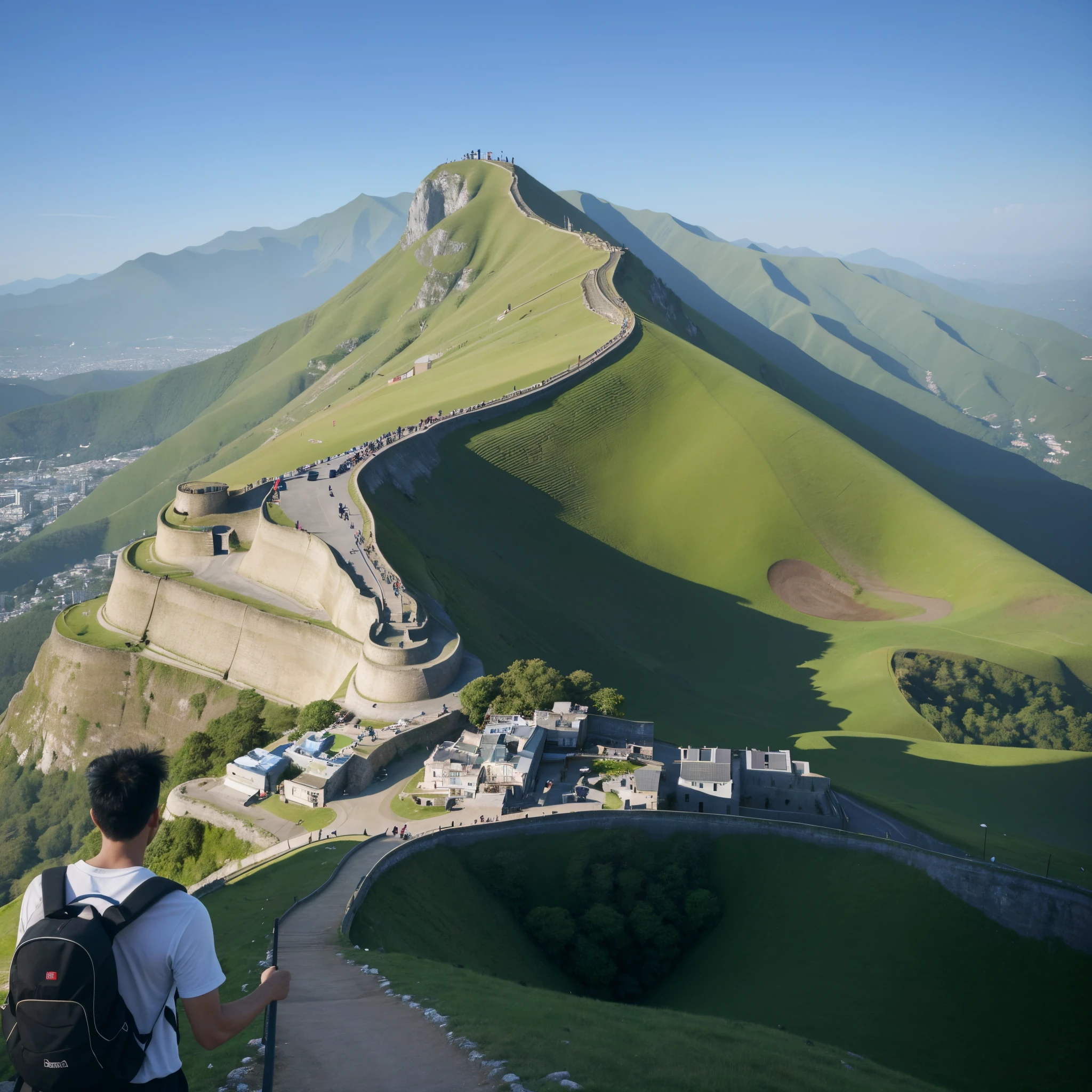 There was a man standing on a hill with a backpack on his back, dojo on a mountain, 8K. View's padding, The mountain is very steep, Walking on the top of a small city, cut into the side of a mountain, Shot using gopro9, epic and stunning, epic landscape shots, Epic views, incredible perspective