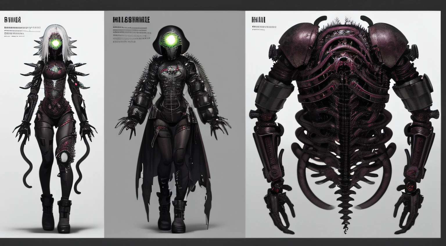 (((tentacles biopunk horror))), dark biopunk girl, ((biopunk character sheet)), pale red and gray hair, (cast iron full face helmet), short clothes, Biomechanical clothing, biopunk meat augmentations, biomechanical improvements, Cold lighting, abandoned landscape in biopunk style, (Biopunk style), Horror atmosphere, the presence of something scary, very detailed biopunk background, (Hans Giger equipment), perfect anatomy, Masterpiece