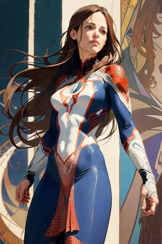 Jennifer Garner、Sticking out the navel、newyork、She wears a torn Spider-Man suit,wearing skirt、abstract photorealistic、artistic、Alphonse Mucha's painting(masterpiece、top-quality、hight resolution:1.4)、detaileds、intricate-detail、4K、color splashes、line-drawing、Fibonacci、