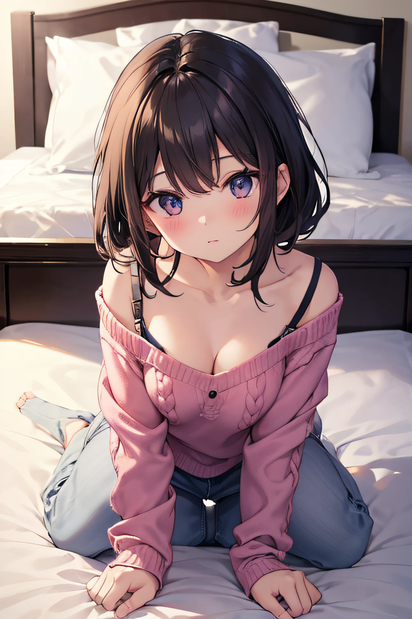 beautiful Girl knit natta A dark-haired a bed all-fours