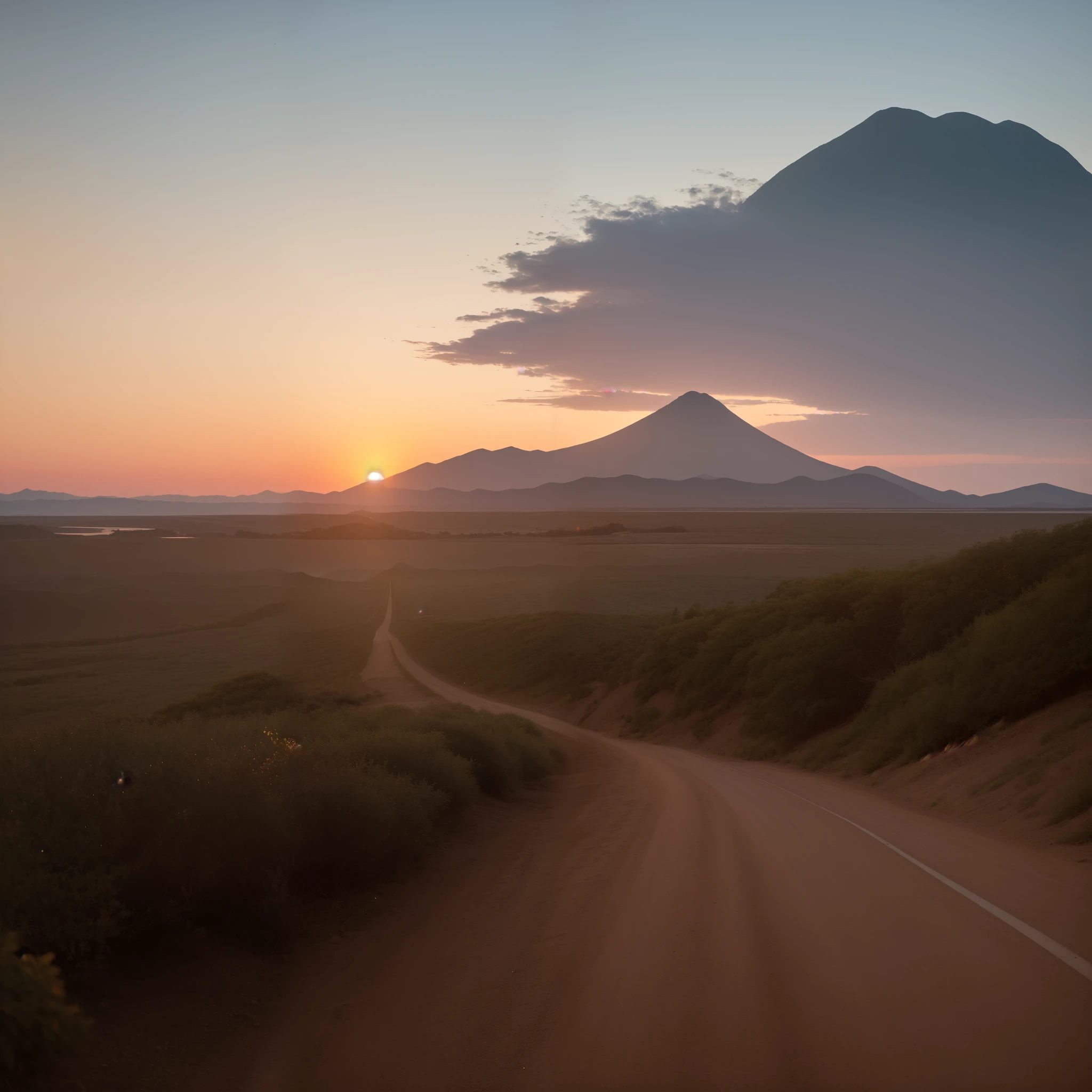 Alafed dirt road leading to Mt.，The background is the setting sun, Shot using sigma 2 0 mm f 1. 4, shot with a canon 20mm lens, road to lighthouse, Heading towards the setting sun, mountains and sunset!!, The sun rises from between the two mountains, Shot with Sony alpha 9, late sunset, tas&#39;It&#39;s time to climb the mountain