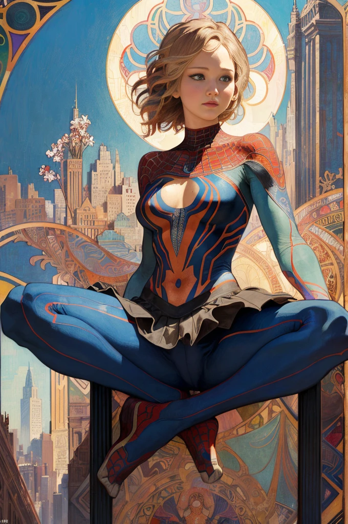 Jennifer Lawrence、Sticking out the navel、newyork、She wears a torn Spider-Man suit,wearing skirt、abstract photorealistic、artistic、Alphonse Mucha's painting(masterpiece、top-quality、hight resolution:1.4)、detaileds、intricate-detail、4K、color splashes、line-drawing、Fibonacci、