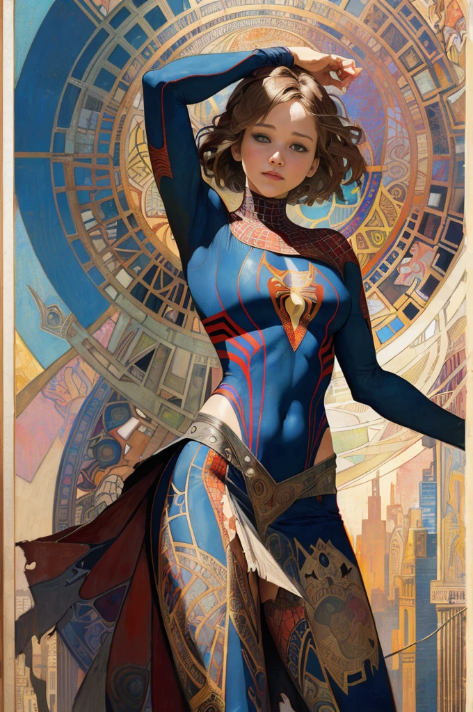 Jennifer Lawrence、Sticking out the navel、newyork、She wears a torn Spider-Man suit,wearing skirt、abstract photorealistic、artistic、Alphonse Mucha's painting(​masterpiece、top-quality、hight resolution:1.4)、detaileds、intricate-detail、4K、color splashes、line-drawing、Fibonacci、