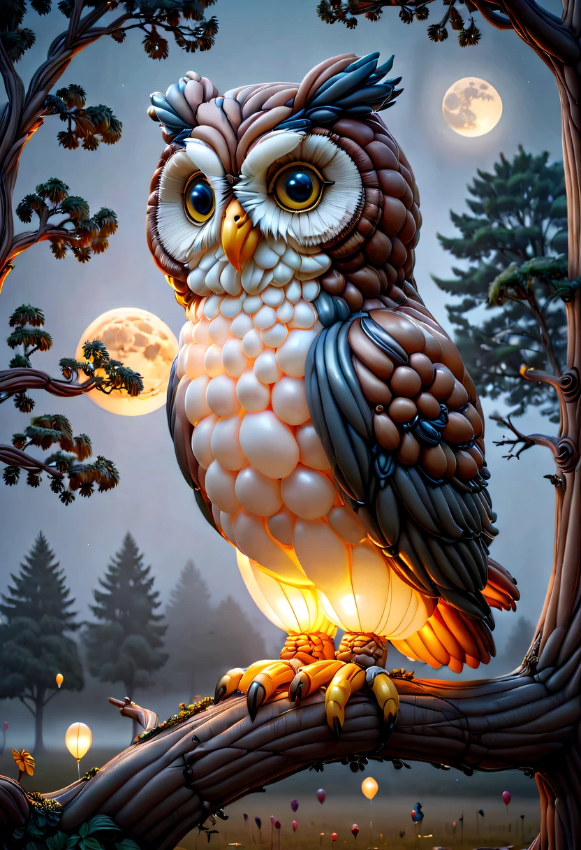 baronzi, Owl made from balloons, Sit on a tree, natta, largeeyes, Shining moon, Glowing moon, foggy ground