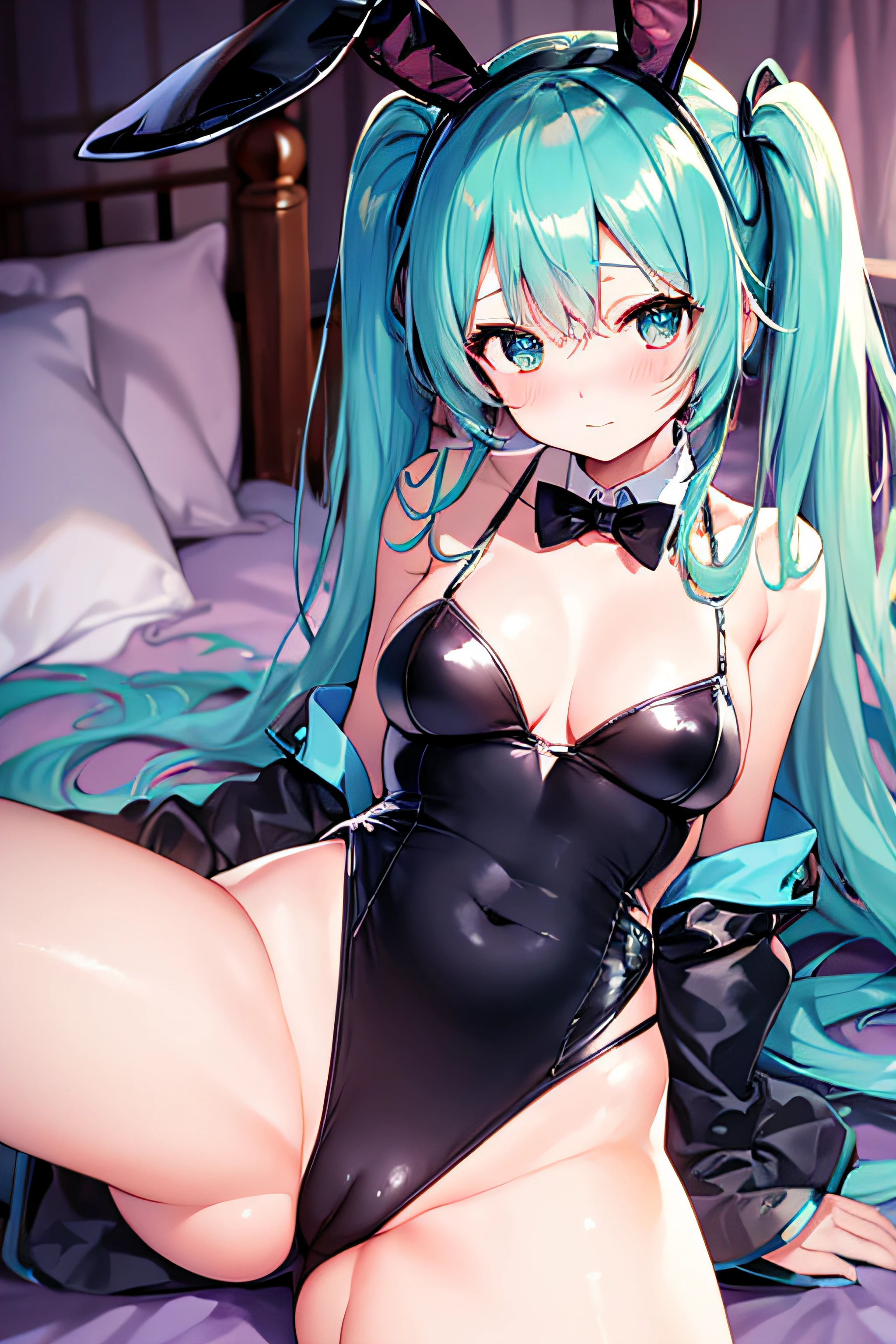 ​masterpiece、Top image quality、超A high resolution、miku hatsune、blue hairs、Twin-tailed、Blushing、Cute and shy、Bunny Girl Costume、Wearing a rabbit ear headgear、large firm breasts、well-shaped breasts、spread your legs wide、M-shaped spread legs、Women's Tights、Lying face down in bed、Bedroom、Night