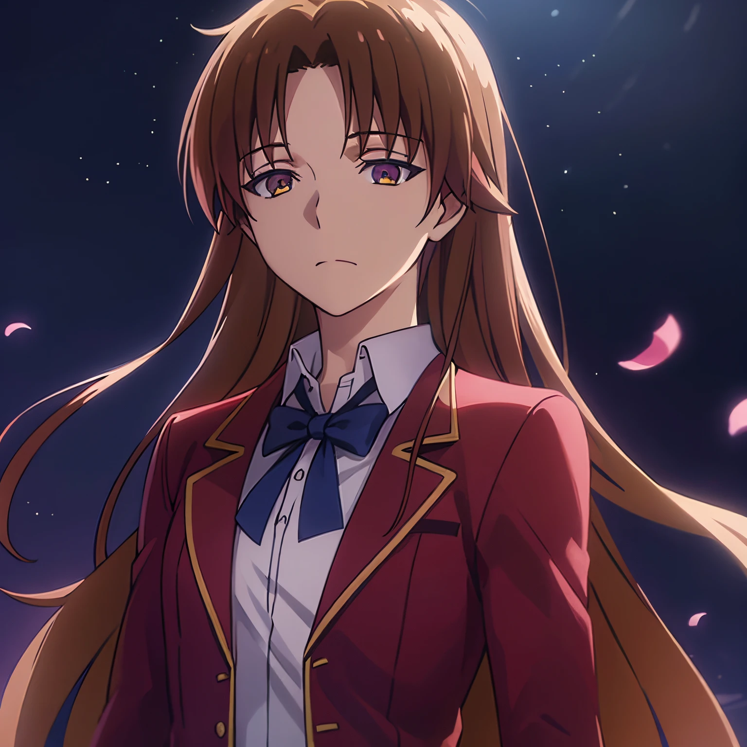 High resolution, high quality, maste piece, upper body, long hair, center parting, brown hair, beautiful eyes, Anos solo, one beautiful woman, red jacket, blue ribbon,