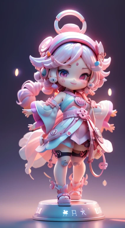 Blind box mode,Kpop idol, yae miko, Separate the sleeves, exposed bare shoulders, with pink hair, long whitr hair, japanses clothes, best qualityer, (hair adornments:1.35), jewely, Purple eye, 耳Nipple Ring, torii, SakuraNS, lantern light, longer sleeves, ssmile,,POP MART Super cute IP,tchibi,role model,A blind box toy,Delicate gloss,clean backdrop,3 Rendering,OC Render,Best quality,4K,super detailing,front-facing view,POP market toys,Studio lights up,Get up
