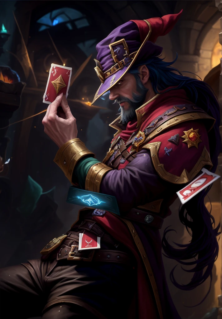 There is a man in a purple hat holding a red card, 8k hd wallpaperjpeg artifact, 8k hd wallpaperjpeg artifact, card art, Official splash art, casimir art, Hearthstone Card Art, Hearthstone card art, Astrie Lohne, full art, Card game illustration, Splash ink art, character splash art, Fantasy card game art