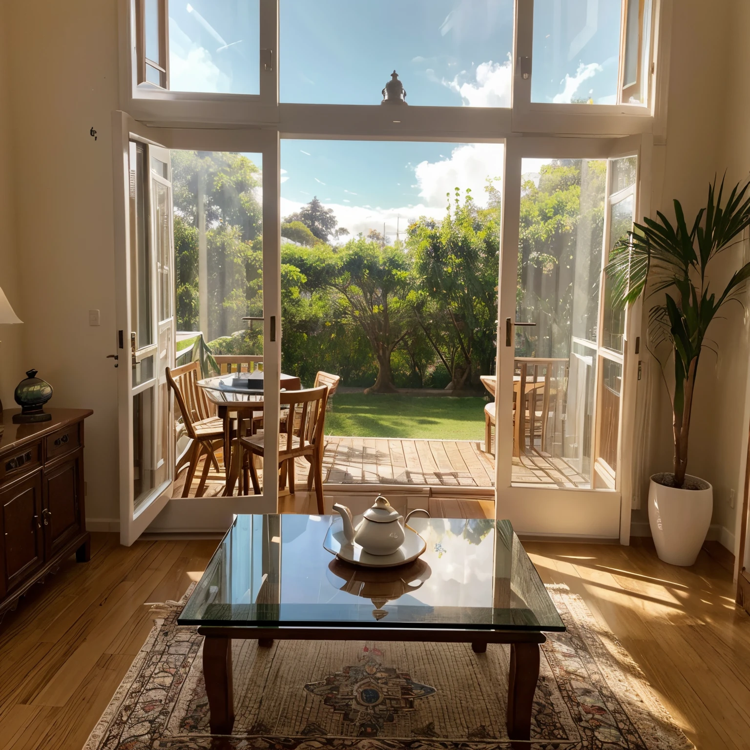 Uma mesa de madeira entalhada de 4 lugares em uma sala com alguns panos cor de pastel por cima, next to a window, onde se pode avistar uma arvore. It's daytime and it's time for breakfast. A cup of tea adds a light atmosphere and lit incense perfumes the place..
