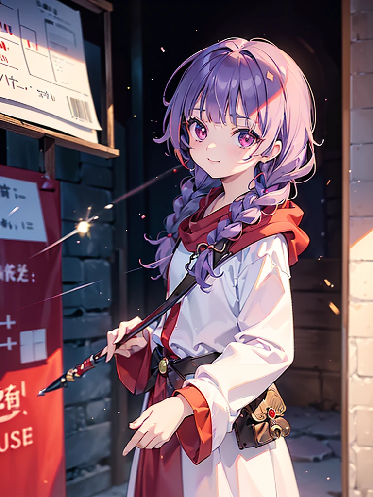 ((((Princess of Moonberg)))), ((1little girl)), 13years, ((drooing eyes)),(((deep purple hair))), ((Blunt bangs)), (Fluffy long hair), (single braids), (Deep red eyes), Pearl earrings,
((((red hood)))), (Lotto emblem on the hood), (((Red Stall))),  ((White robe with red edging)),  
Holding a magic wand in her left hand, fireball, looking back, smile,
masutepiece, Best Quality, (the Extremely Detailed CG Unity 8K Wallpapers), (Best Quality), (Best Illustrations), (Best Shadows), (((Particle effect))), Isometric 3D, Octane Rendering, Ray tracing, super detailed,