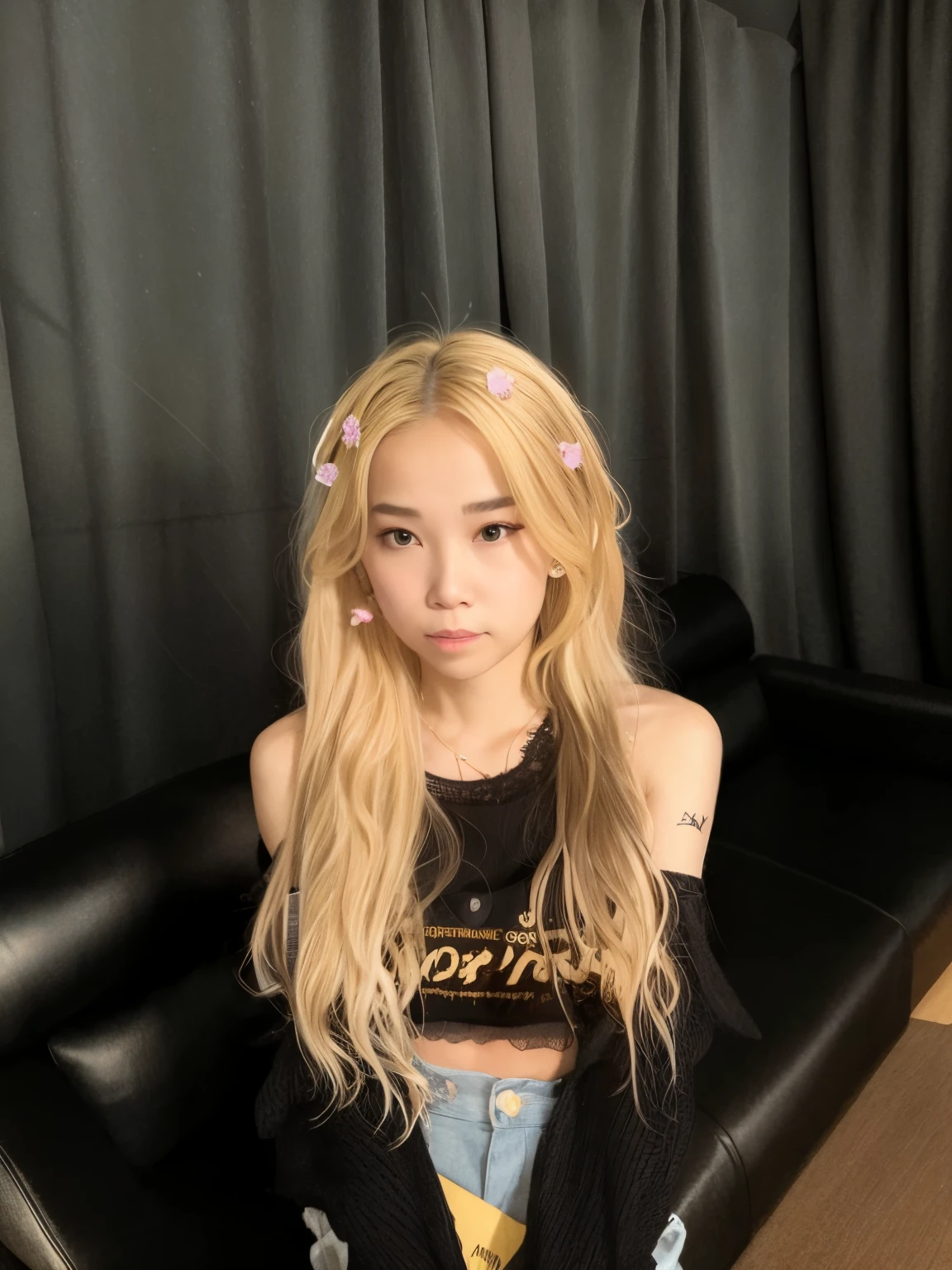 Araffe girl with long blonde hair sitting on a black sofa, Parque Roseanne de Blackpink, Taejune Kim, Retrato de Jossi de Blackpink, Jossi de Blackpink, Sun Yunjoo, Cl, Jaeyeon Nam, Heonhwa Choe, 韓国アイドル, Su cabello es blanco, Kim Doyoung, her face looks like an orchid, con pelo largo blanco
