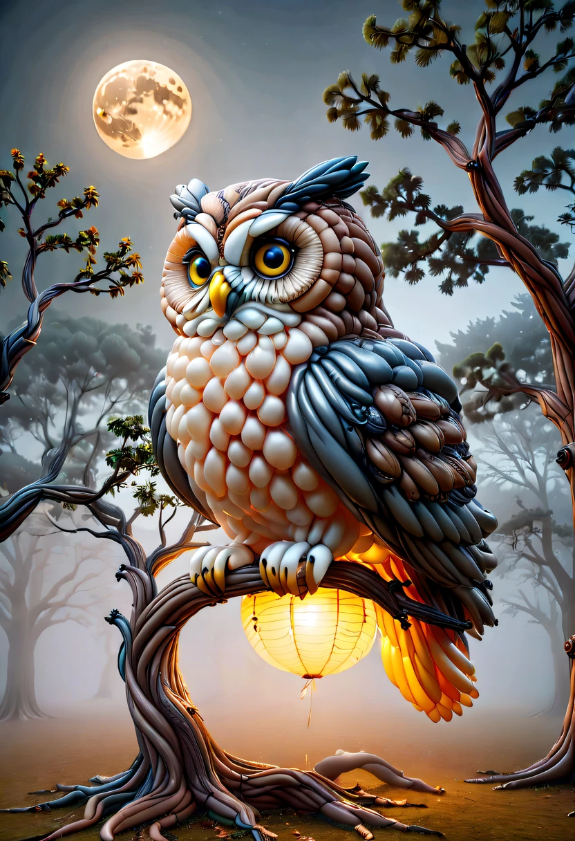 baronzi, Owl made from balloons, Sit on a tree, natta, largeeyes, Shining moon, Glowing moon, foggy ground