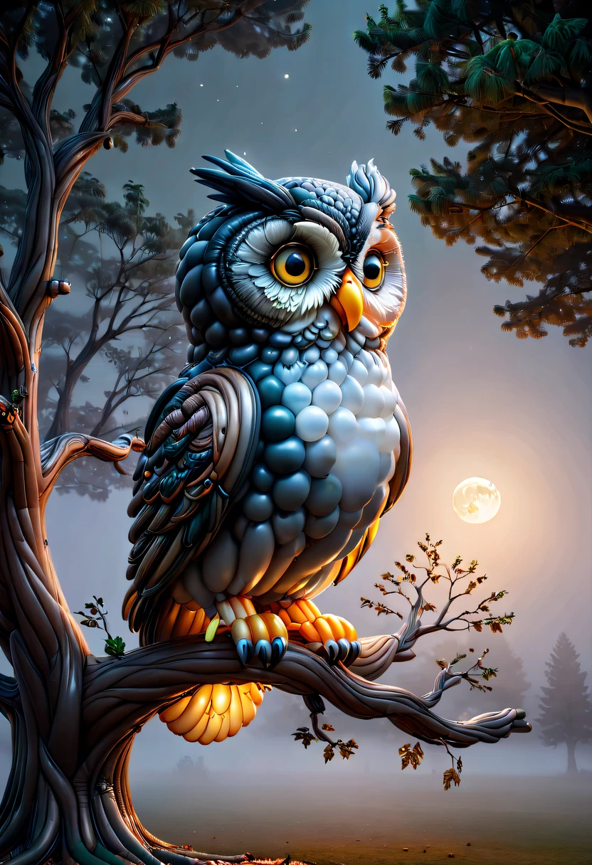 baronzi, Owl made from balloons, Sit on a tree, natta, largeeyes, Shining moon, Glowing moon, foggy ground