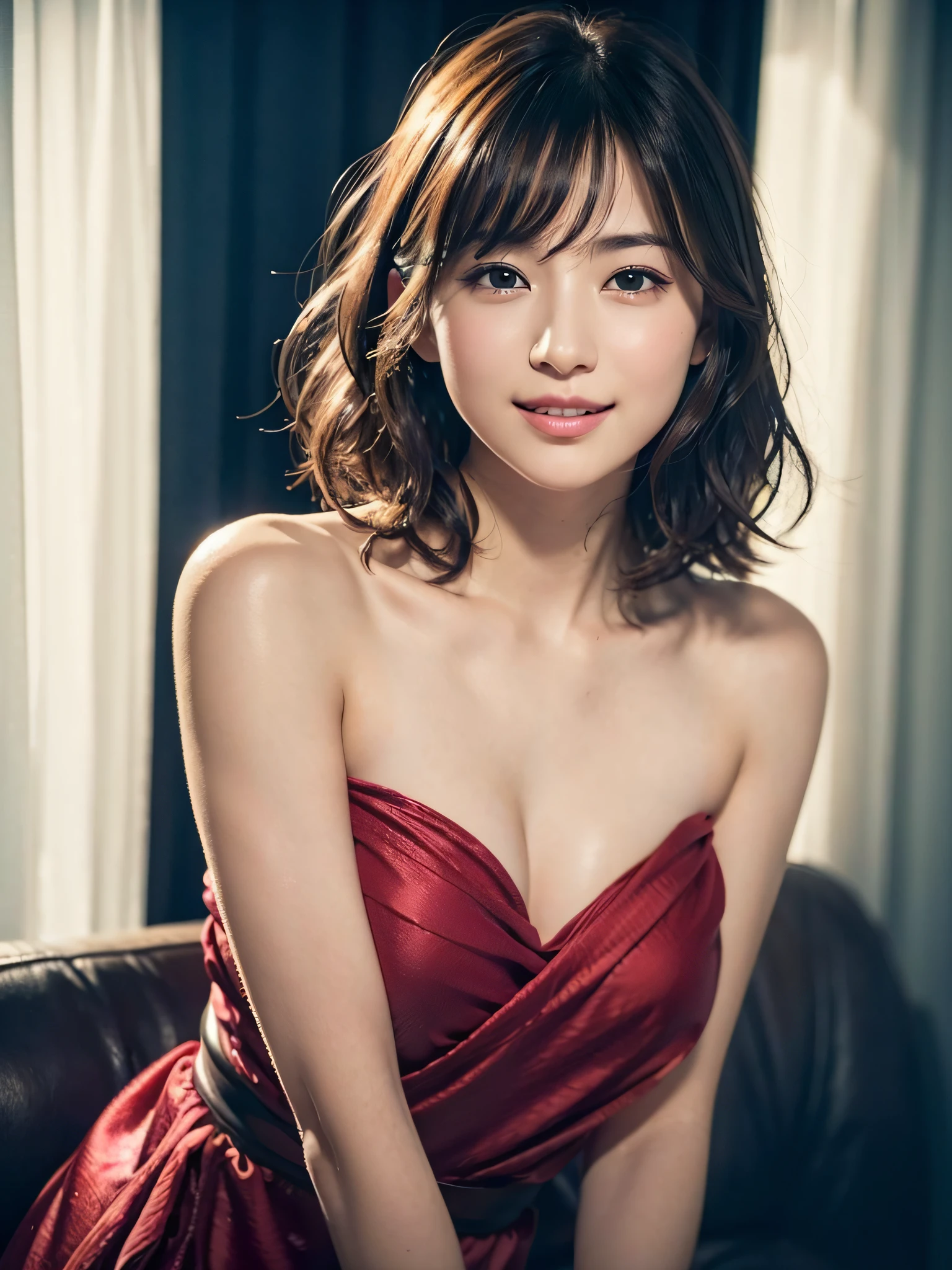 (8K、Raw photography、top-quality、hight resolution:1.2)、(realisitic、photoRealstic:1.5)、1girl in、Solo、Cute and very detailed eyes、Cherry-heart-shaped lips、The upper part of the body、wrapped in a big cloth、Shoulders are visible、room at night、dark ilumination, kiss, Short hair, Wavy Hair, angry, delicate and messy hair,