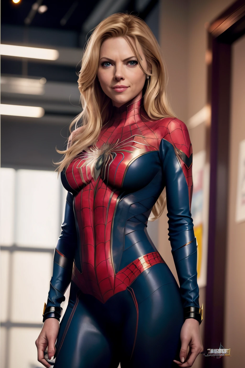 a smilling blonde woman in a spiderman suit posing triumphant for a picture, ( ( spiderwoman ) ), spider woman, sexy smile, Charlize Theron as spiderwoman, Alicia Silverstone as spiderwoman, sexy spiderwoman!!, sexy smile, marvel character, wearing tight suit, comic book character, mila jovovich as spiderwoman, amouranth as a super villain, wonderful, marvel superhero, hard nipples