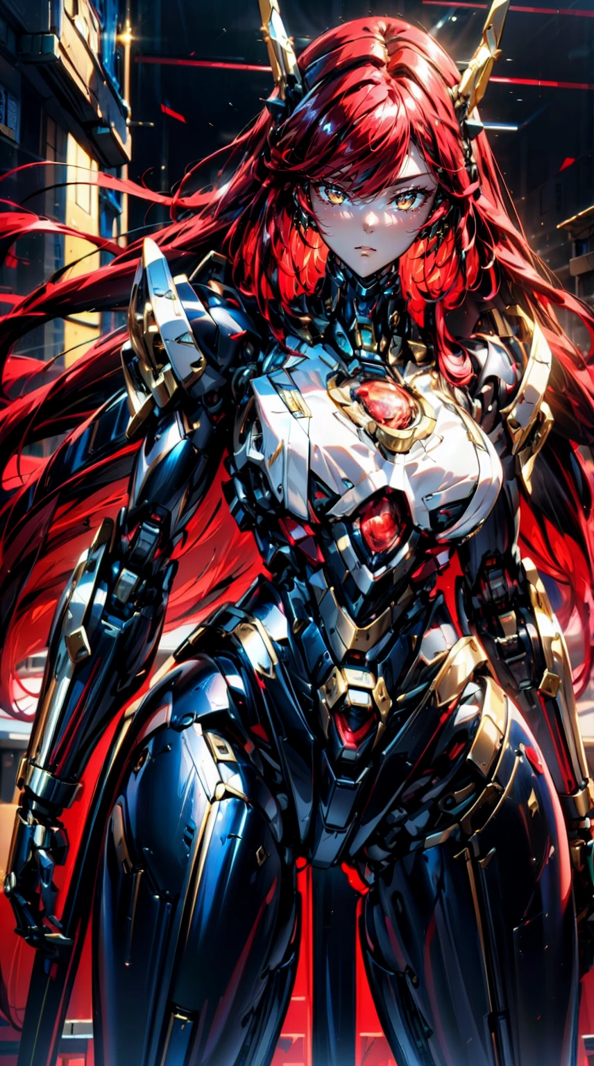Best quality, tmasterpiece, A high resolution,（Beautiful mechanical girl：1.9），（（（（There was only one teenage girl）））），Black mechanical body，Black mechanical legs，Slender and shapely legs，Black robotic arm，Perfect mechanical body，Perfect mechanical details，Beautiful mechanical body，Beautiful mechanical legs，Beautiful robotic arm，red tinted hair，（（（（Hair to shoulders）））），gold eyes，mature，Raised sexy，ellegance，Just the right lighting，Bustling metropolis，urban backdrop，natta，beautiful light up，Paintings with human subjects，8K，sci-fy，A futuristic，Meticulous portrayal