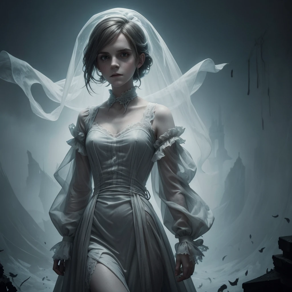 ghostlystyle, Emma Watson, ghostly mist, (transparent, floating), gothic horror, tattered ghostly clothes, grey dress, full body, pale skin, trapped in a haunted oil painting, hyperrealism, ghostly, trapped, (scared, panicked,, horrified), peter mohrbacher, pierre terblanche, trending on artstation
