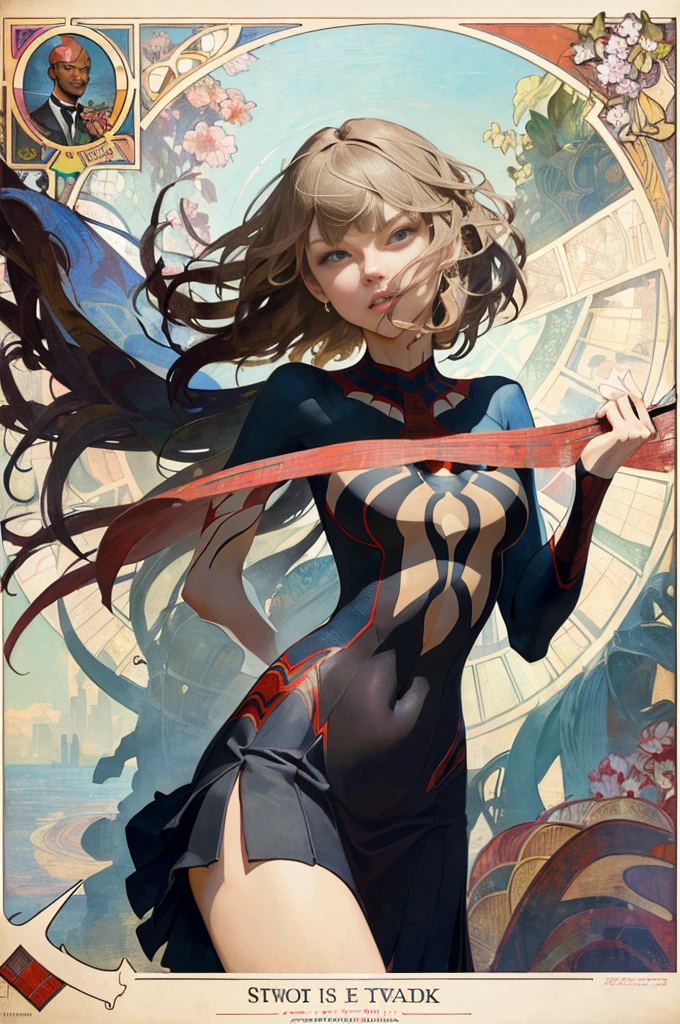 Taylor Swift、Sticking out the navel、newyork、She wears a torn Spider-Man suit,wearing skirt、abstract photorealistic、artistic、Alphonse Mucha's painting(masterpiece、top-quality、hight resolution:1.4)、detaileds、intricate-detail、4K、color splashes、line-drawing、Fibonacci、
