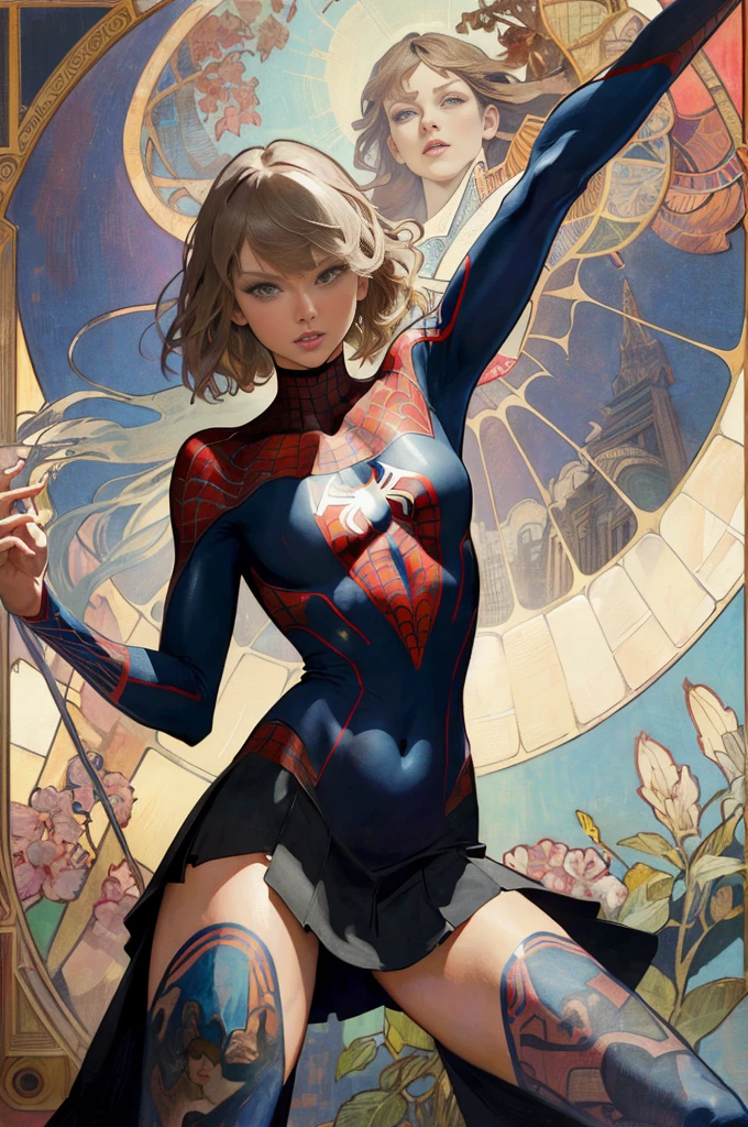 Taylor Swift、Sticking out the navel、newyork、She wears a torn Spider-Man suit,wearing skirt、abstract photorealistic、artistic、Alphonse Mucha's painting(masterpiece、top-quality、hight resolution:1.4)、detaileds、intricate-detail、4K、color splashes、line-drawing、Fibonacci、