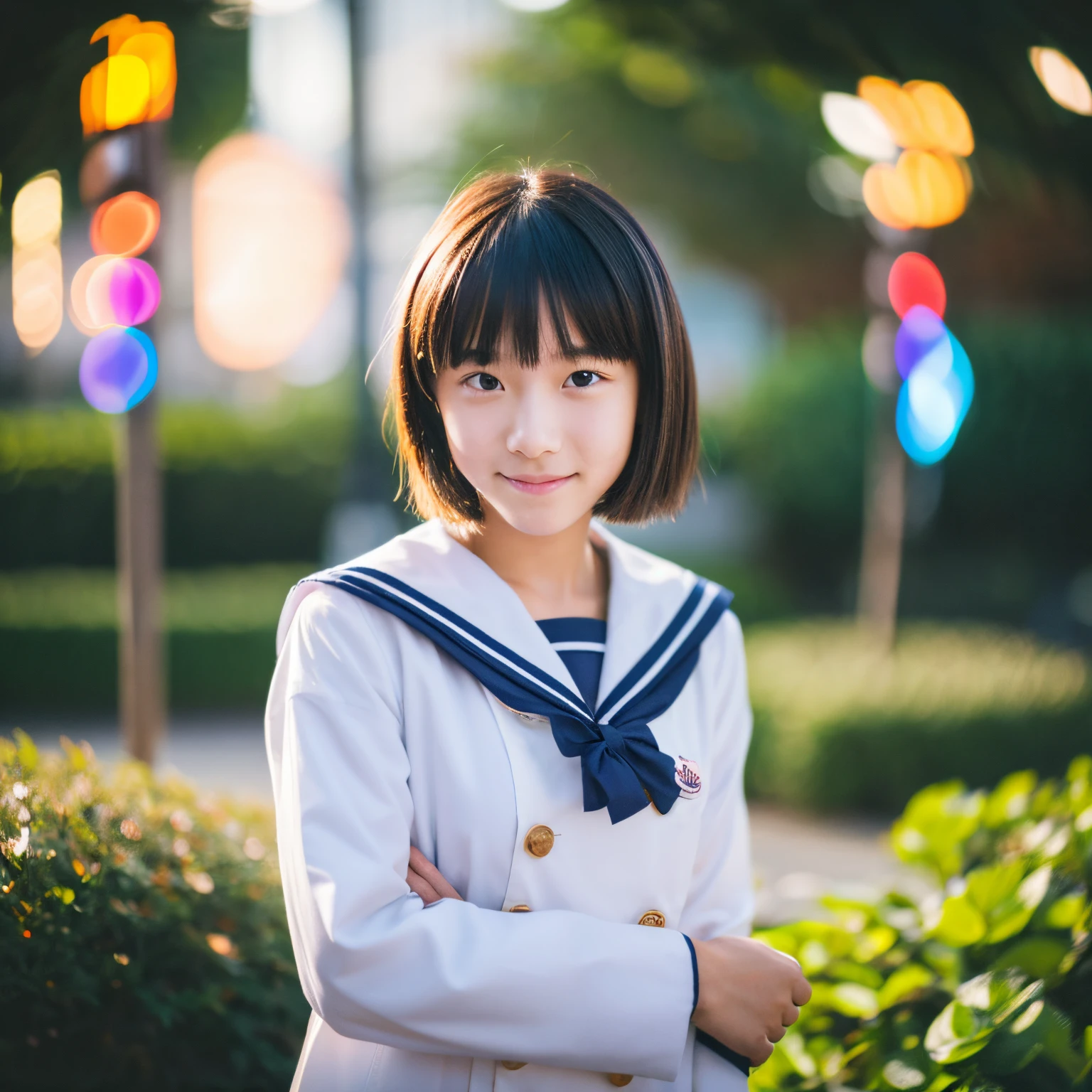 masutepiece, Best Quality, 8K, 15yo student, Teen, Raw photo, absurderes, award winning portrait, Smile,closes mouth, Solo, Night, neons, Idol face, violaceaess, gardeniass, Delicate girl, Upper body, Digital SLR, Looking at Viewer, Candid, Sophisticated, Thin arms, Professional Lighting, Film grain, chromatic abberation, (Eyes and faces with detailed:1.0), (Bokeh:1.1) , huge-breasted, Sailor Uniform , Short hair , Long hair