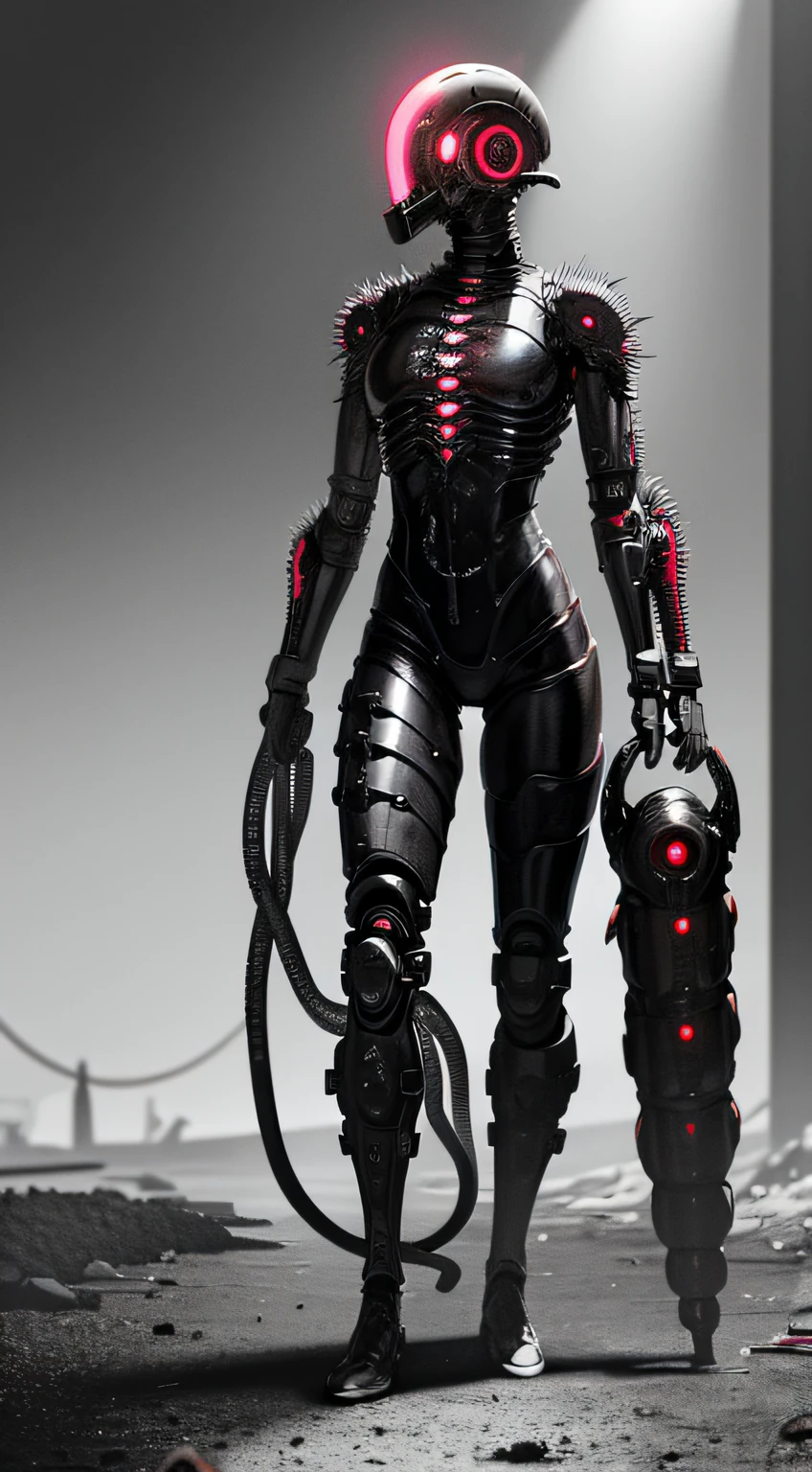 (((tentacles biopunk horror))), dark biopunk girl, ((biopunk character sheet)), pale red and gray hair, (cast iron full face helmet), short clothes, Biomechanical clothing, biopunk meat augmentations, biomechanical improvements, Cold lighting, abandoned landscape in biopunk style, (Biopunk style), Horror atmosphere, the presence of something scary, very detailed biopunk background, (Hans Giger equipment), perfect ???????, Masterpiece