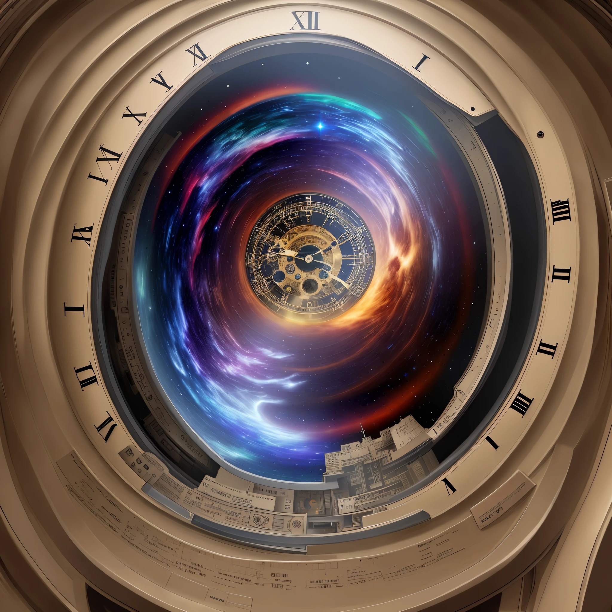 A clock as big as the universe and with a black dreadlocked time traveler on it