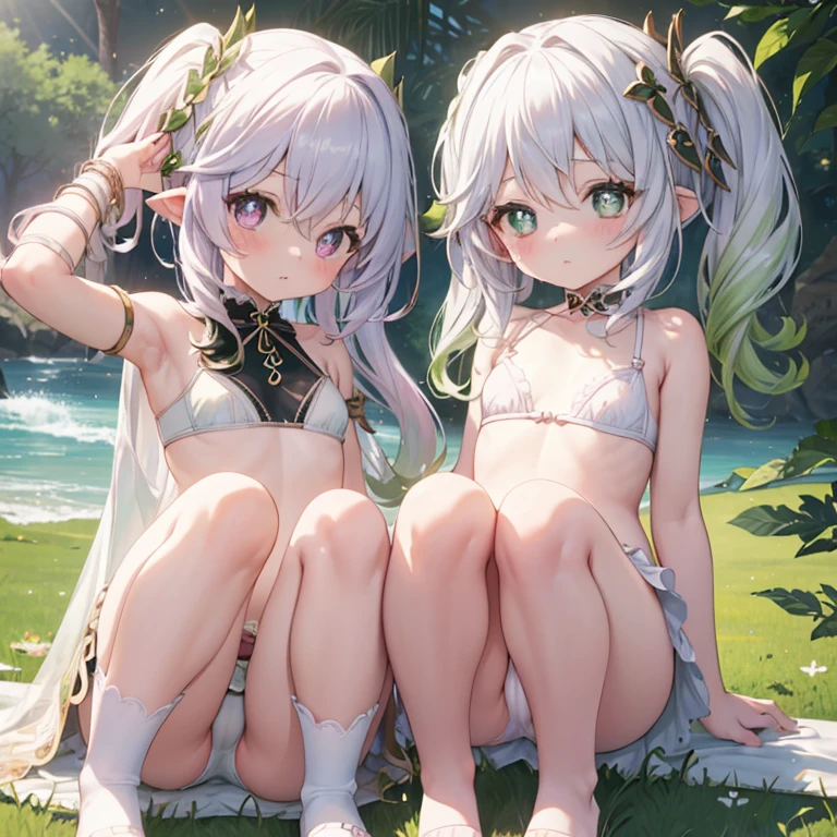 Best Quality, masutepiece、(cute petit girl：1.3), flat chest,Beautiful pink eyes、Lori、((Cuteness beyond limits))、lovely thighs,(((Girls in estrus))))、Panchira、gargantilha、Cute white panties、Show your ass、bend knee、White bra