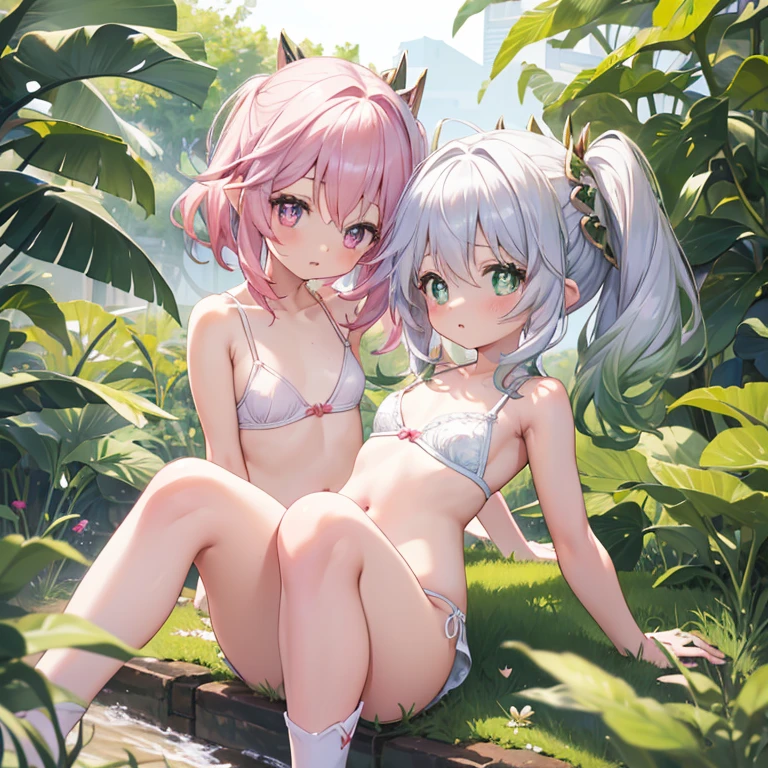 Best Quality, masutepiece、(cute petit girl:1.3), flat chest,Beautiful pink eyes、Lori、((Cuteness beyond limits))、lovely thighs,(((Girls in estrus))))、Panchira、gargantilha、Cute white panties、Show your ass、bend knee、White bra