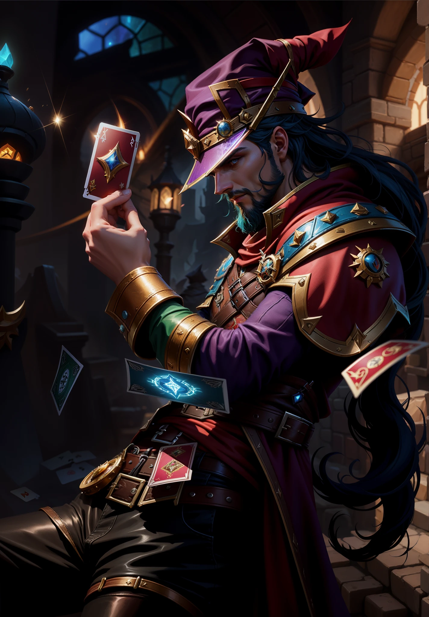 Game Concept League of Legends，league of legends art，card master，There&#39;s a guy holding a red card, Fantasy card game art, Card game illustration, card art, collectible card art,  full art, casimir art, epic fantasy card game art, 8k hd wallpaperjpeg artifact, 8k hd wallpaperjpeg artifact, The wizard shuffles, magic the gathering style