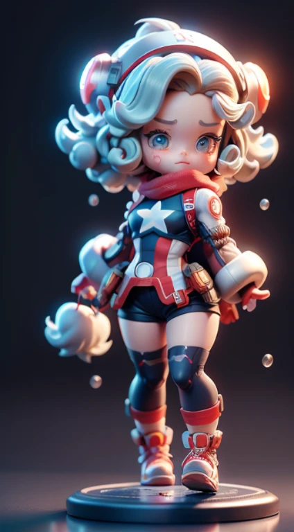 Blind box mode,1个Giant Breast Girl, captain america, captain america girl, short detailed hair,Bubble Mart super cute IP,tchibi,Good role model,A blind box toy,Delicate gloss,clean backdrop,3 Rendering,OC Render,Best quality,4K,super detailing,front-facing view,POP market toys,The studio is brightly lit,Get up