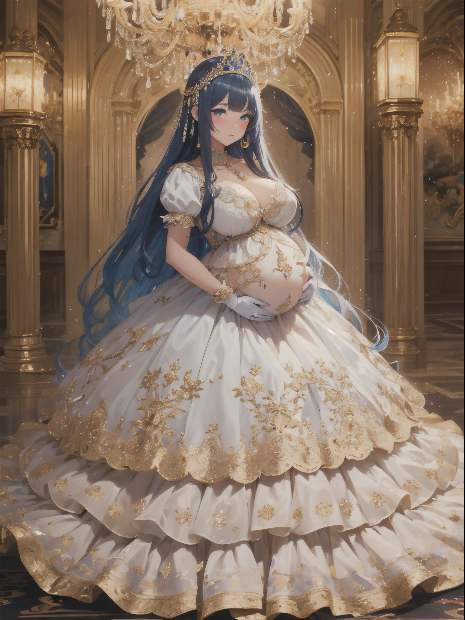 ultra-detailed, extremely detailed,((anime artstyle)),Masterpiece,(Best Quality),(Super Detail),(Very Delicate and Beautiful),((Solo)),((full body)),full body,((detailed face and eyes)),perfect eyes, rendered eyes,jewel-like beautiful eyes,((embarrassed,blush)),((1 pregnant princess in beautiful embroidery and jeweled gorgeous rococo ballgown with voluminous full length hoop skirt)),(((heavily pregnant))),((Crinoline,luxurious ruffles)),beautiful embroidery and jeweled gorgeous rococo ballgown with voluminous full length hoop skirt,(large amount of straight hair,extremely voluminous Very Long straight Hair,Absolutely Long Straight Hair),(((very gigantic boobs))),skindentation,Bursting breasts,cleavage,(fantasy castle,luxury palace),long_gloves,extremely gorgeousfull jeweled hair ornament,(bling-bling extremely gorgeousfull jeweled tiara),(luxurious jewelry),full body,beautiful embroidery and jeweled gorgeous rococo princess ballgown with voluminous full length hoop skirt
