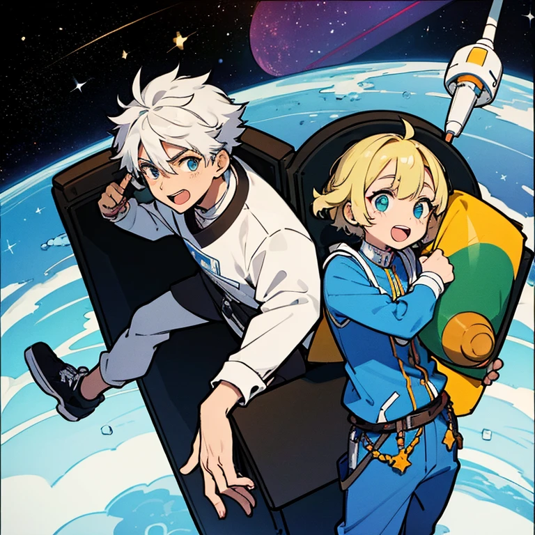 White guy and black guy rapping into a mic on a spaceship in outer space. With a cartoonish look