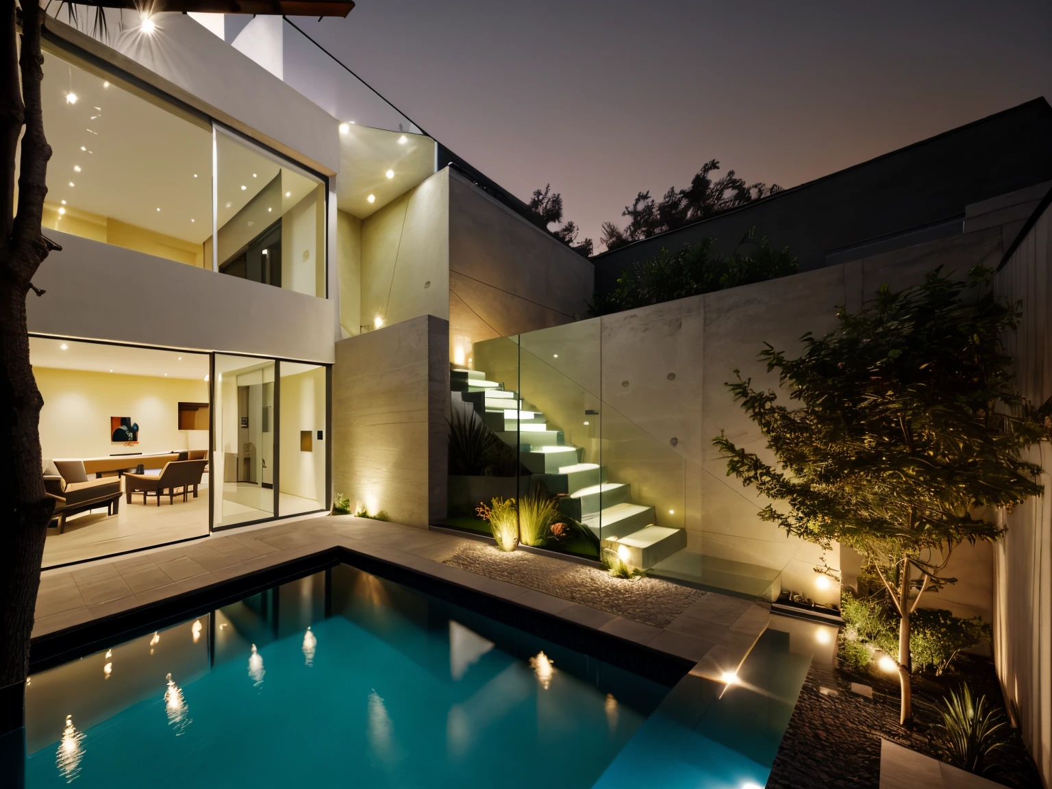 out side, modern house ,Photorealistic ,dusk, straight line,pool,glass door ,softlight lightings yellow,white wall