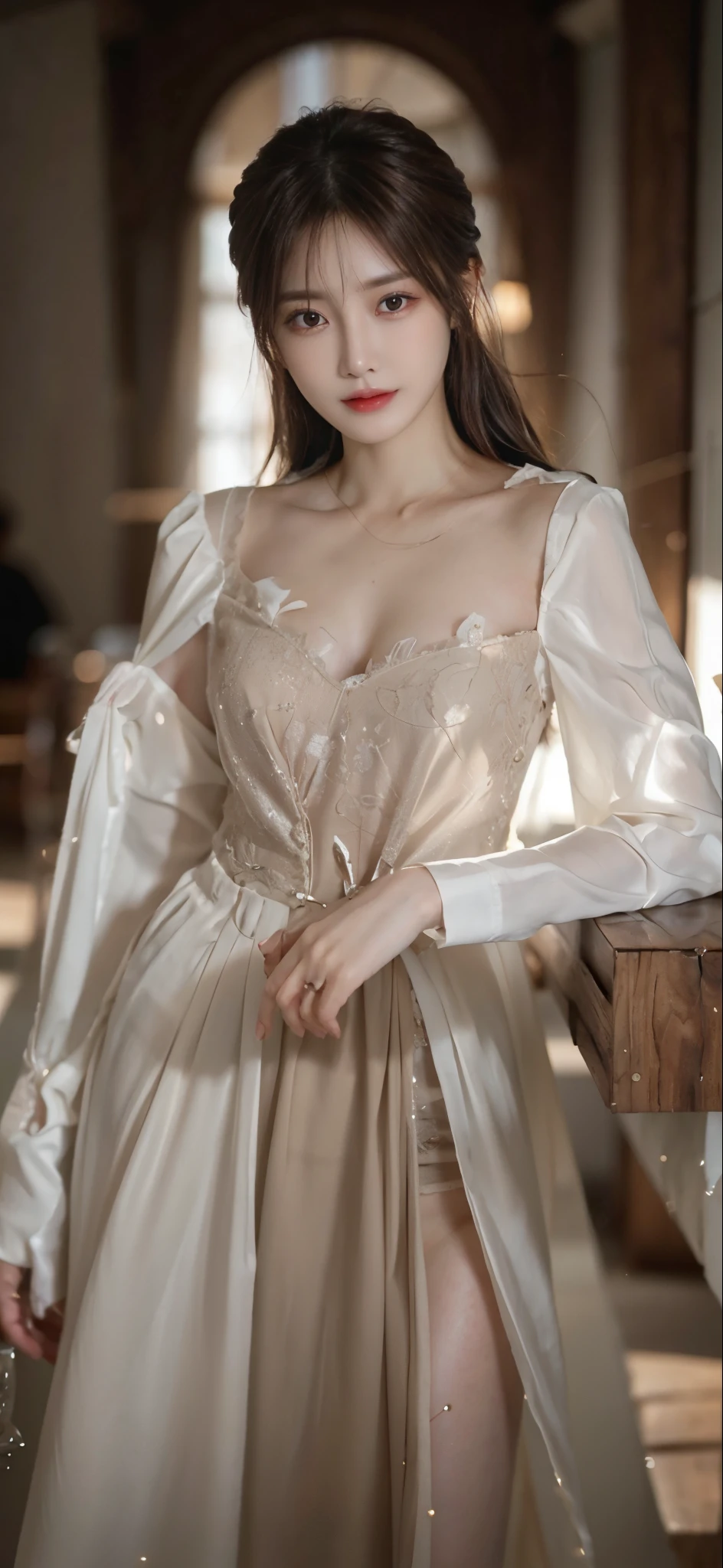 ((full body)), ((from side)), ((realistic)), ((Stand up, Standing posture, legs crossed)), ((off shoulder clothes)), inside in room, Detailed scenes, 1girll, looking toward the viewer, (grin, Leaking teeth), Asian model, curlies, Air bangs, Beautiful hair accessories, Brownish-yellow hair,((chiffon dress)), (warm lights, a warm color palette), Detailed details, ultra-detailliert, (tmasterpiece, best qualtiy), (An extremely delicate and beautiful work), Delicate earrings, Simple blurred background, Extreme detail description, Ultra-fine painting, Delicate face, slim toned body
