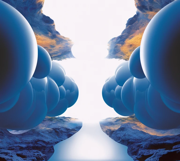 There are many spheres floating in the water, Symmetrical Fantasy Landscape, symmetric matte painting, Fractal landscape, surreal space, Surreal scenarios, surreal dreamscape, gateway to another dimension, Harmony in all fields, fractal dreamscape, multiverse portal, In the multiverse, a digital dreamscape, Surreal background, fractal world, gateway to another universe