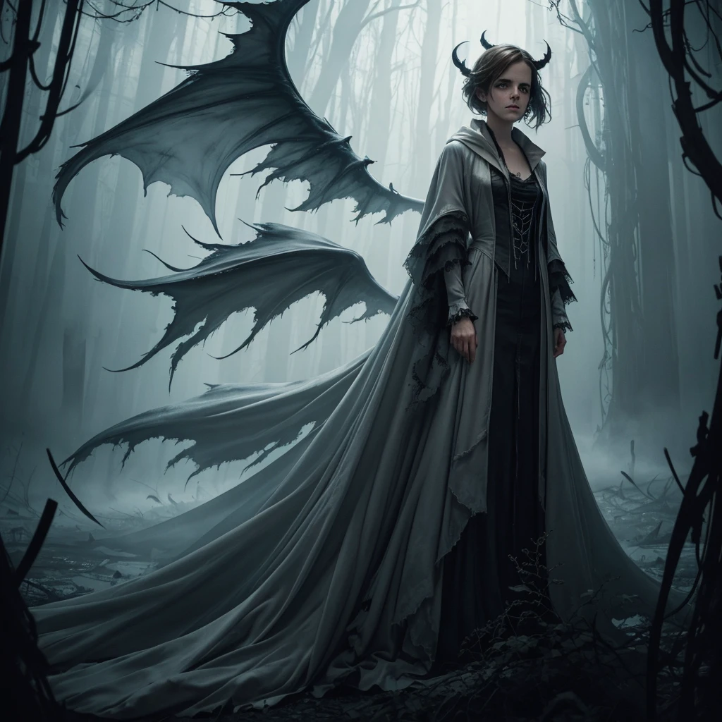 ghostlystyle, Emma Watson, ghostly mist, (transparent, floating), gothic horror, tattered ghostly clothes, grey reaper robes, full body, trapped in a haunted oil painting, hyperrealism, ghostly claws, trapped, (scared, panicked,, horrified), hands in lap, peter mohrbacher, pierre terblanche, trending on artstation