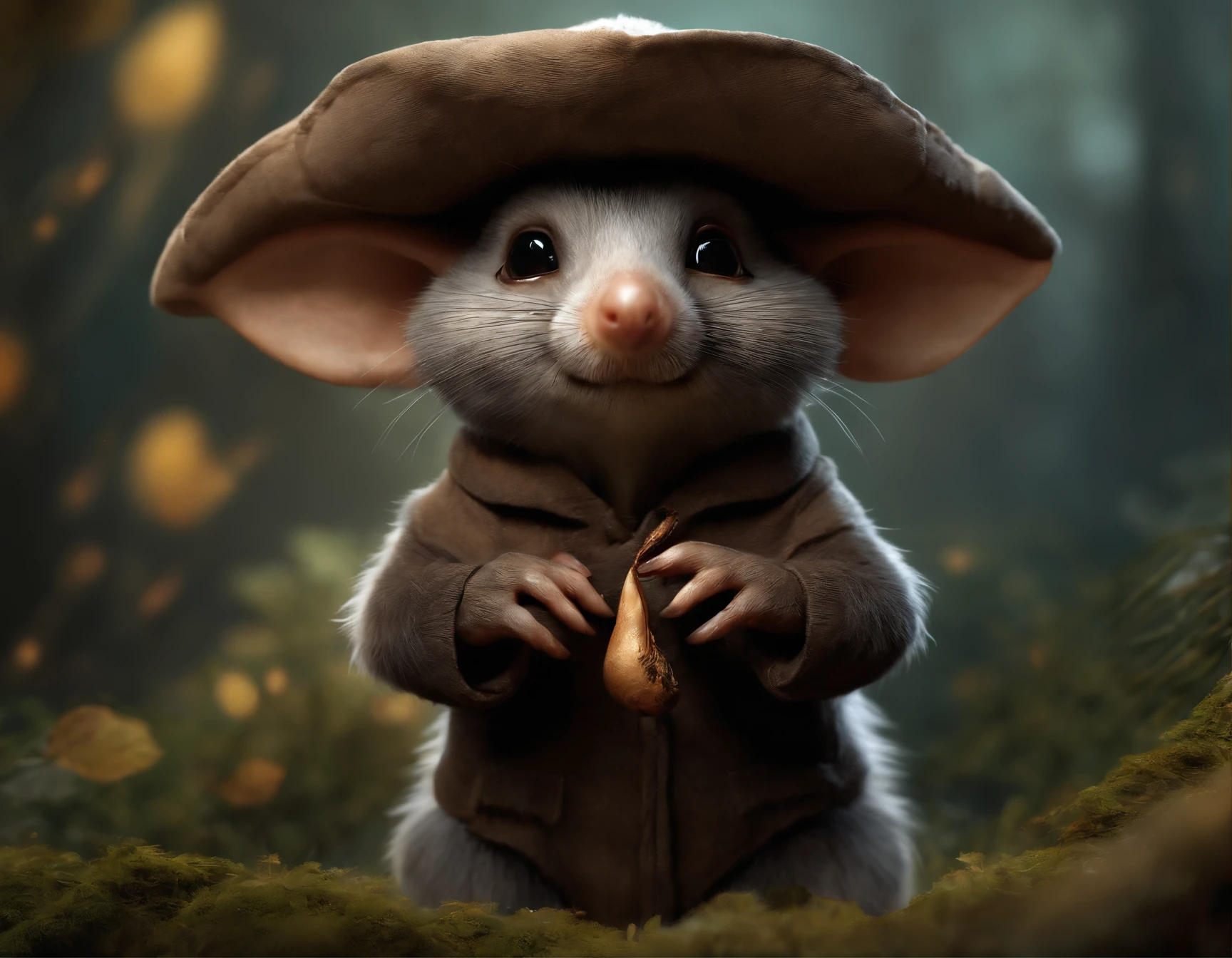 (CBZBB:1.25), ((gremlin),Zhkute, Small, baby, Beautiful, Fantasy art, deviant art, trending artstation, Digital Art, Detailed, Realistic, humanoid, character, tiny, Cinematic shot, cinematic portrait of a mole , gremlin, mole-like, bright silver and brown, long tail, large ears, covered with light silver fur, muzzle sticks out of hole, Best Quality, Static movement of a mole sniffing the air, static movement the mole raises its paw to the sky, Masterpiece, in style of dark fantasy art, gremlin, mole-like, light silver fur, long tail, double nose,stagnant movement, the mole wiggles his nose, huge ears, static movement mole attaches one ear,covered with light silver fur,tousled, five toes on each paw, holding a huge acorn in his paws, I&#39;m standing in a forest clearing under the foliage of bast., acorns lie in the clearing, acorns glow, Crickets fly, Best Quality, Masterpiece, in style of dark fantasy art, fantasy-inspired, in the style of John Tolkien, static movement mole sniffing a flower,But no success and no way to collect up to 9 shells?