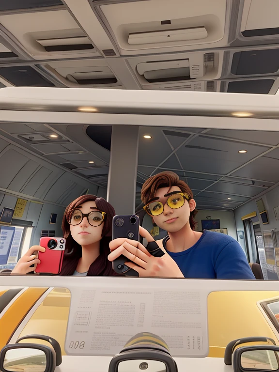 Two lovers taking a photo in the mirror of the centaur with yellow glasses