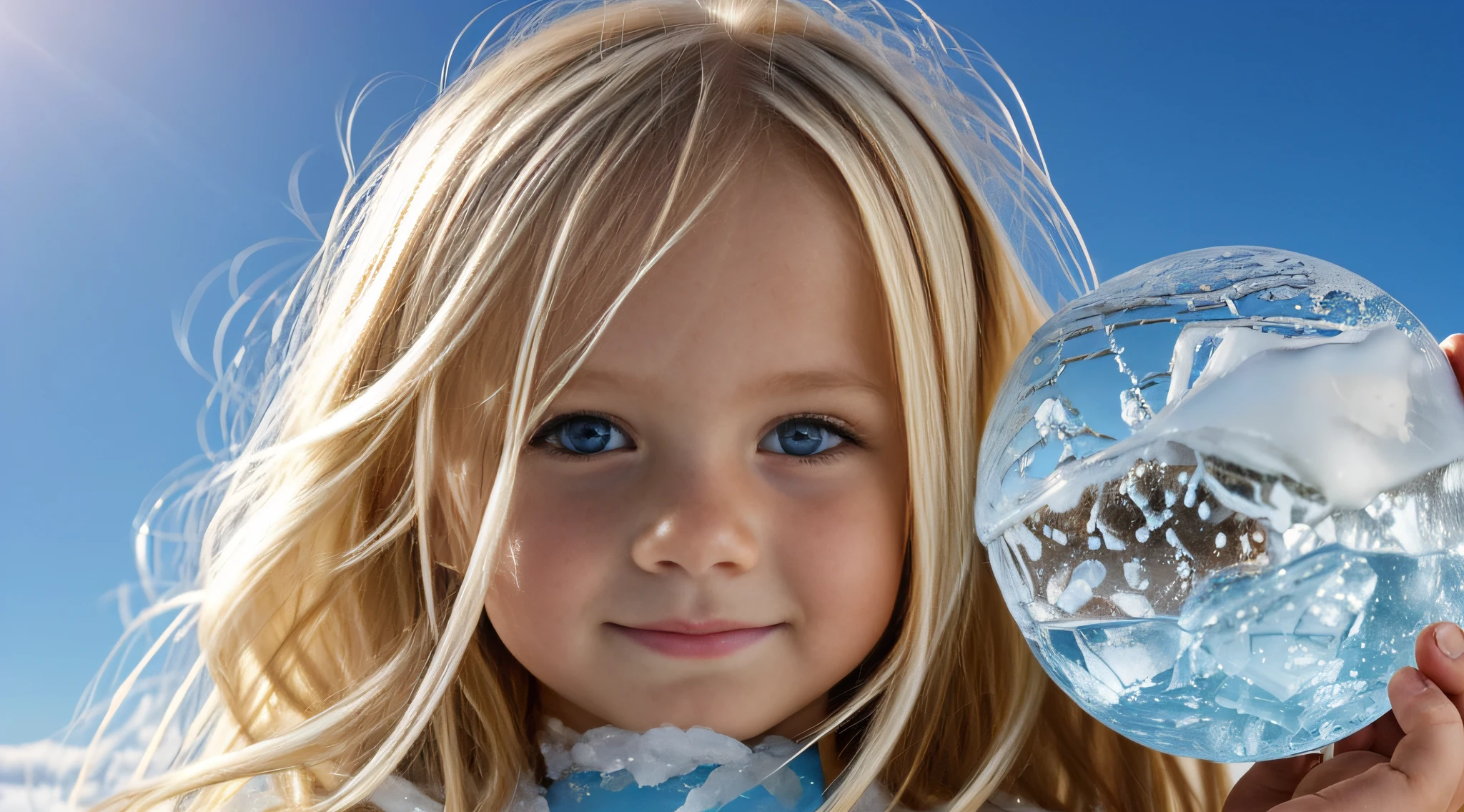 a close-up of a blonde child with long hair, BIG BALL OF ICE IN HAND.