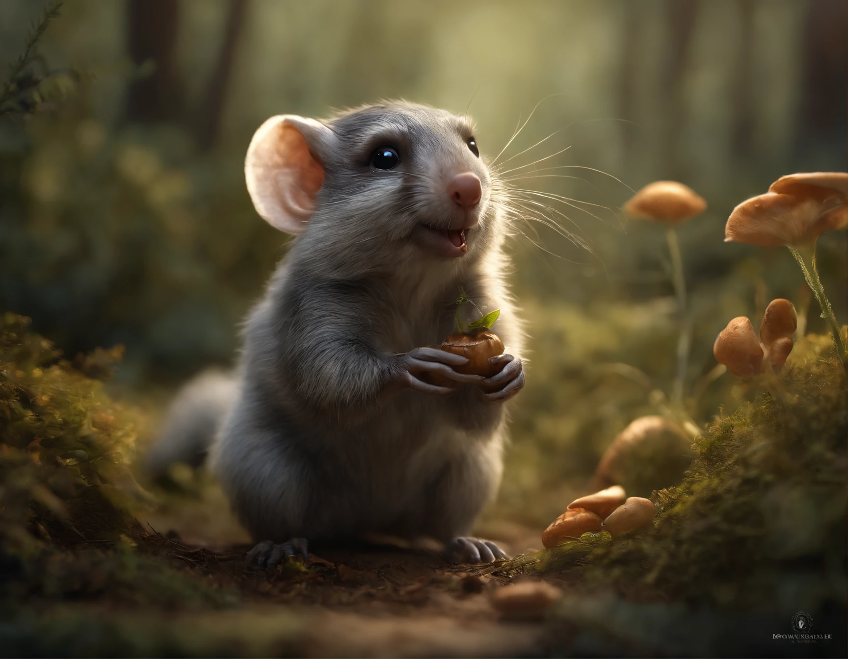 (CBZBB:1.25), ((gremlin),Zhkute, Small, baby, Beautiful, Fantasy art, deviant art, trending artstation, Digital Art, Detailed, Realistic, humanoid, character, tiny, Cinematic shot, cinematic portrait of a mole , gremlin, mole-like, bright silver and brown, long tail, large ears, covered with light silver fur, muzzle sticks out of hole, Best Quality, Static movement of a mole sniffing the air, static movement the mole raises its paw to the sky, Masterpiece, in style of dark fantasy art, gremlin, mole-like, light silver fur, long tail, double nose,stagnant movement, the mole wiggles his nose, huge ears, static movement mole attaches one ear,covered with light silver fur,tousled, five toes on each paw, holding a huge acorn in his paws, I'm standing in a forest clearing under the foliage of bast., acorns lie in the clearing, acorns glow, Crickets fly, Best Quality, Masterpiece, in style of dark fantasy art, fantasy-inspired, in the style of John Tolkien, static movement mole sniffing a flower,But no success and no way to collect up to 9 shells?